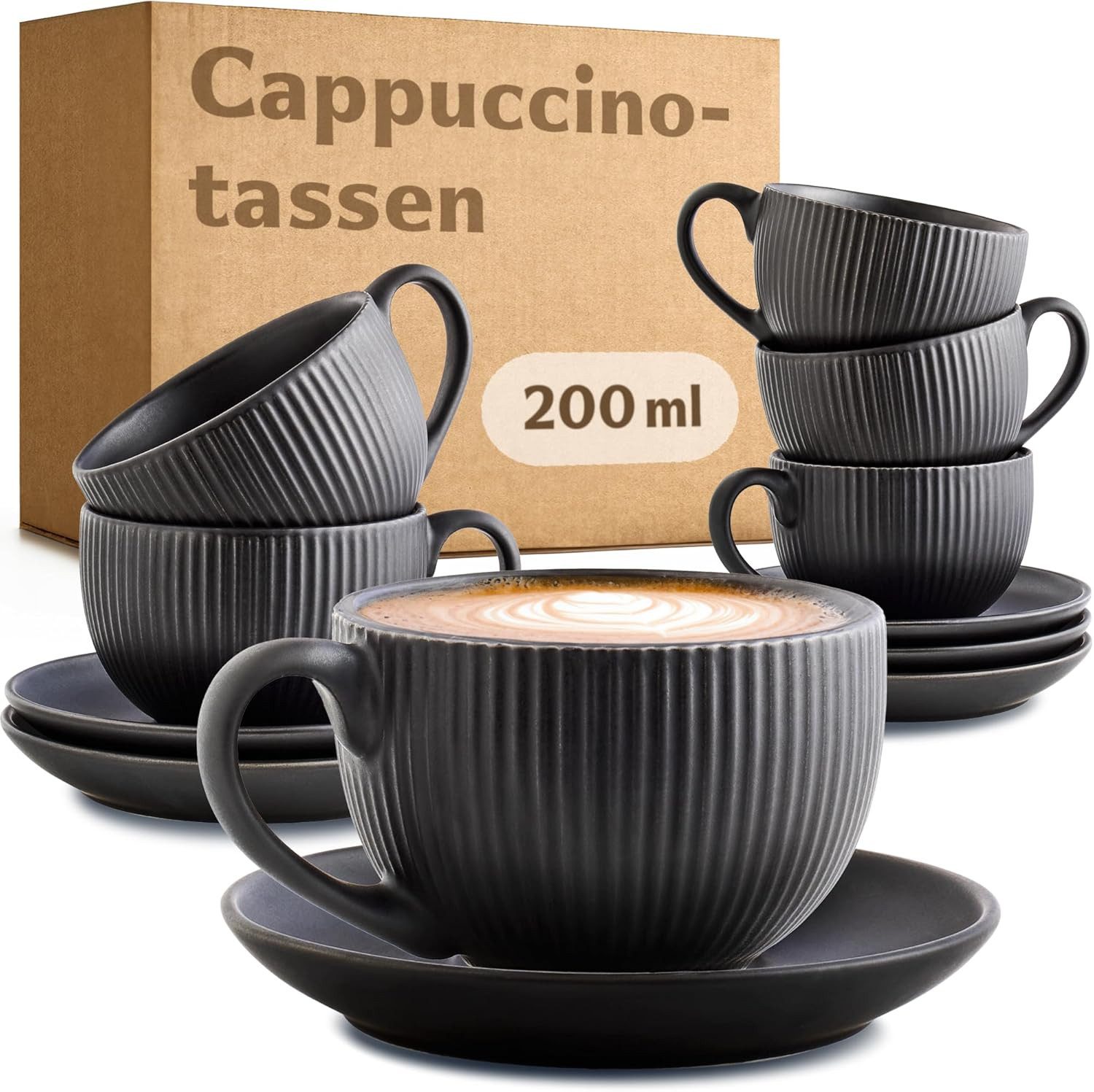 Cosumy Cappuccinotasse Cappuccinotassen Set 200 ml – Schwarz Matt – 6 Tassen mit Untertassen, Keramik, Mit Untertassen - Hält Lange warm - Spülmaschinenfest - 200ml