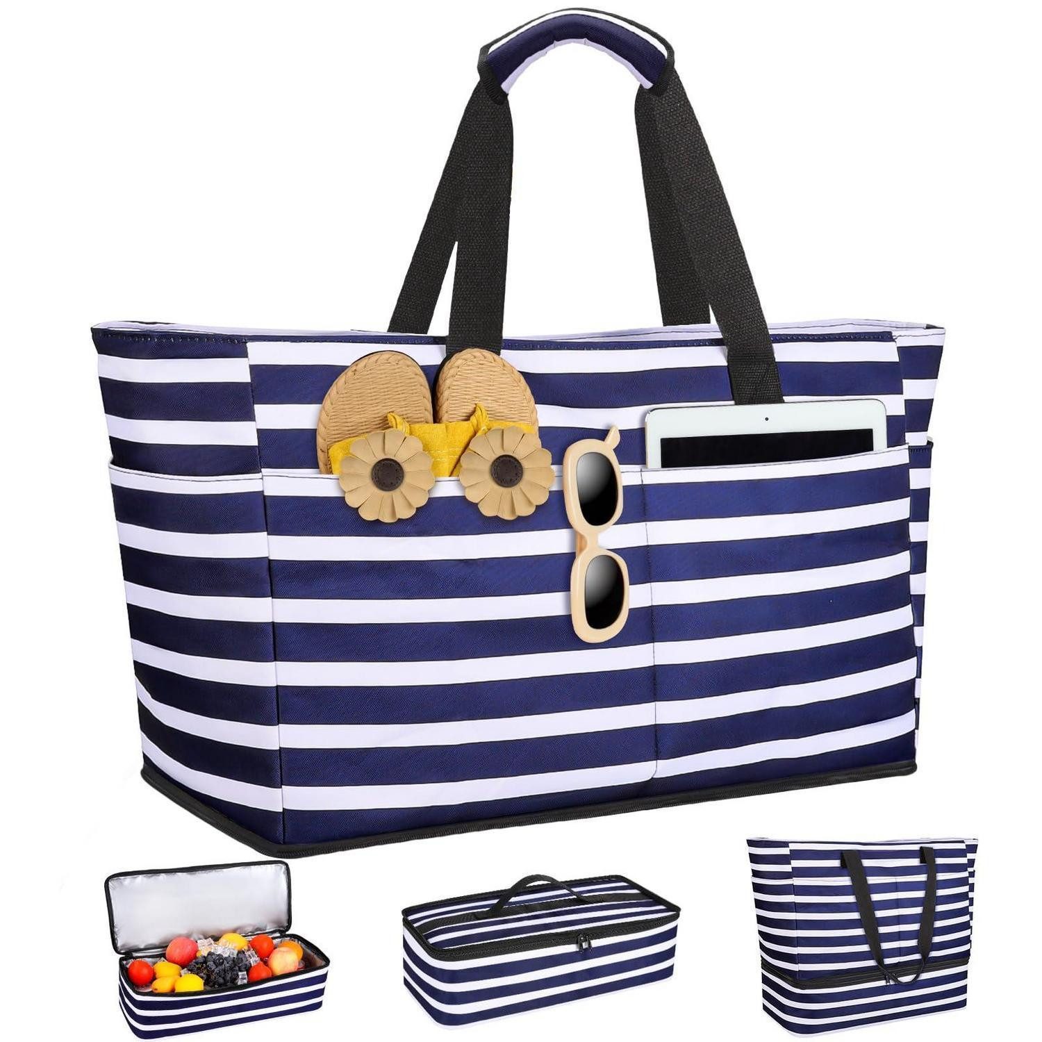 LuxusKollektion XL-Strandtasche Strandtasche XXL Kühltasche wasserdicht 49L faltbar Blau Weiß