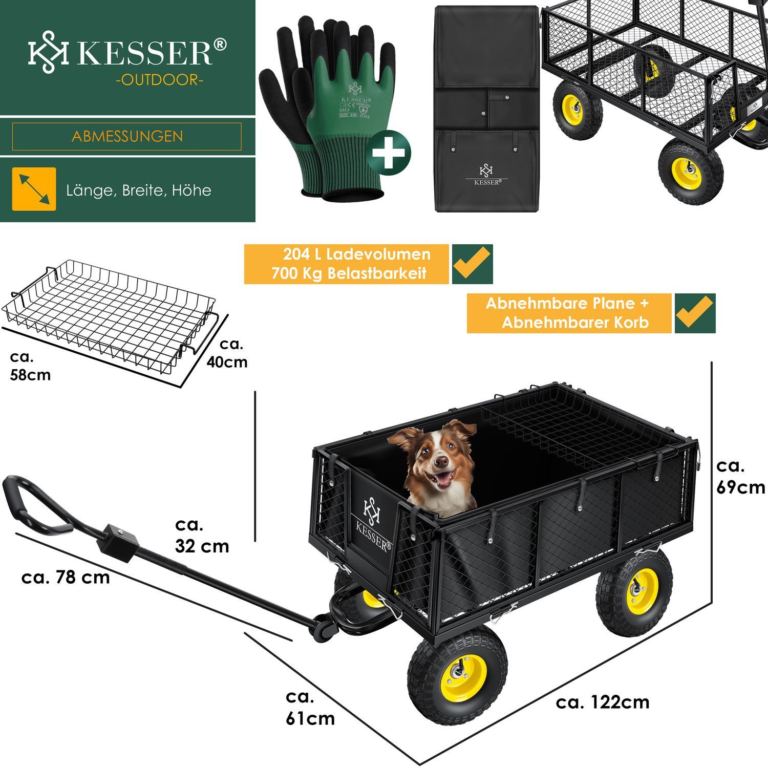 KESSER Garden Wagon, Handcart, Transport Wagon, 700kg Load Capacity, Garden Cart (Versatile Handcart, Includes Gloves + Shelf), Includes Removable Tarpaulin, Pneumatic Tires, Equipment Cart