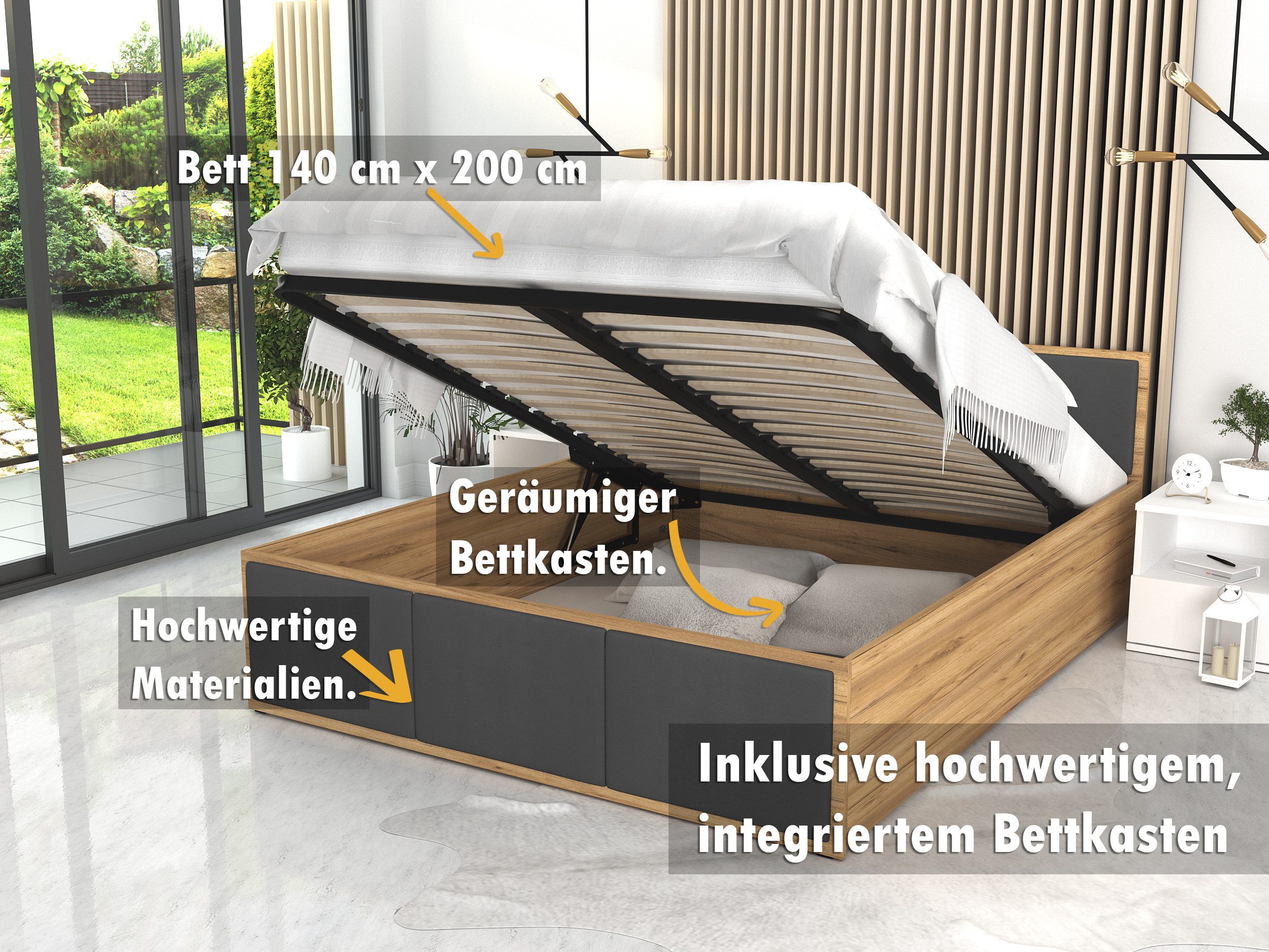 thematys Stauraumbett mit Bettkasten & Lattenrost – Polsterbett 120x200–180x200 – (Optional mit 28 cm H3/H4 Taschenfederkern oder 23 cm Taschenfederkern-Matratze H2, hydraulisches Stauraumbett)