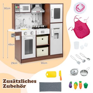 KOMFOTTEU Spielküche MDF, Kinderküche mit Geräuschen & Lichtern, Holzküche mit Kochuniform