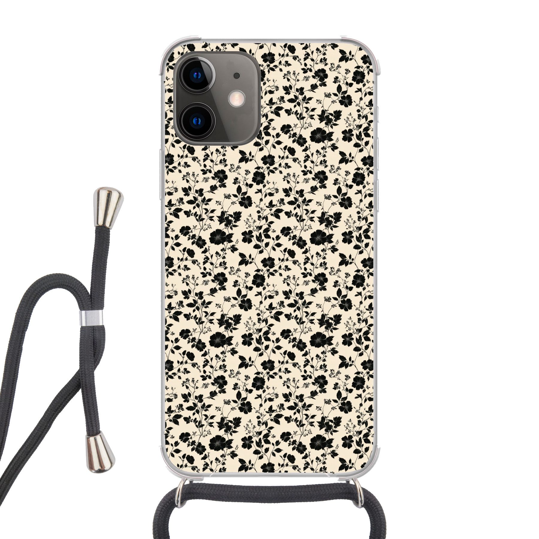 MuchoWow Handyhülle für Apple iPhone 12 Blumen - Muster - Schwarz, Tragbare Handyhüllen mit Kette zum umhängen, Handykette Handyband