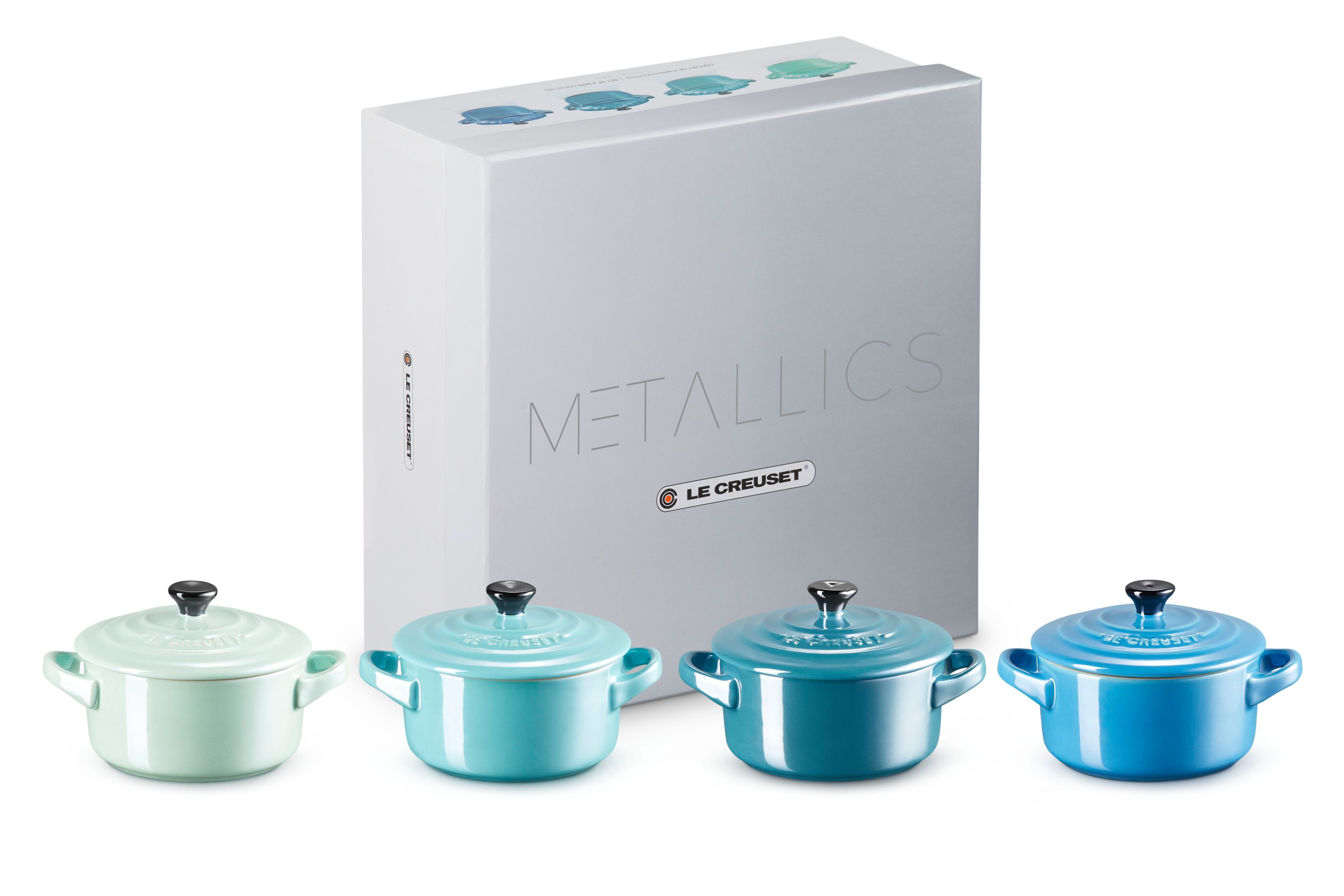 LE CREUSET Snackschale Mini Cocottes, je 200 ml, 10 x 5 cm, Steinzeug, (Set, 4-tlg), Metallics (Cool Mint/Karibik/Deep Teal/Marseille), 69212108139131