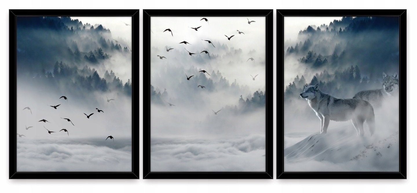 Rahmen St), 3 Wallarena in Wandbild cm Poster SET Wandbilder 3 3 Set Teilig Mit Bilder Nebelwald Wohnzimmer, 30x40 (3er, Wolf x Kunstdruck 3er