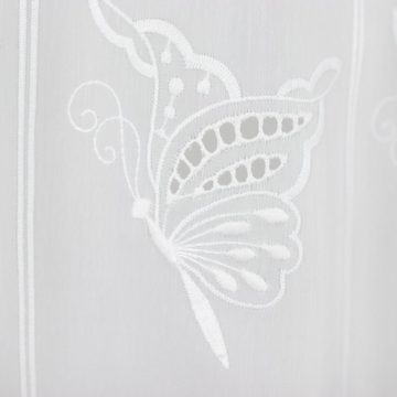 Scheibengardine nach Maß Scheibengardine Bistrogardine Kurzgardine "Fabiola" Weiß Batist Schmetterling 45 cm Höhe x 160 cm Breite, EXPERIENCE, Durchzuglöcher (1 St), halbtransparent, Softtouch