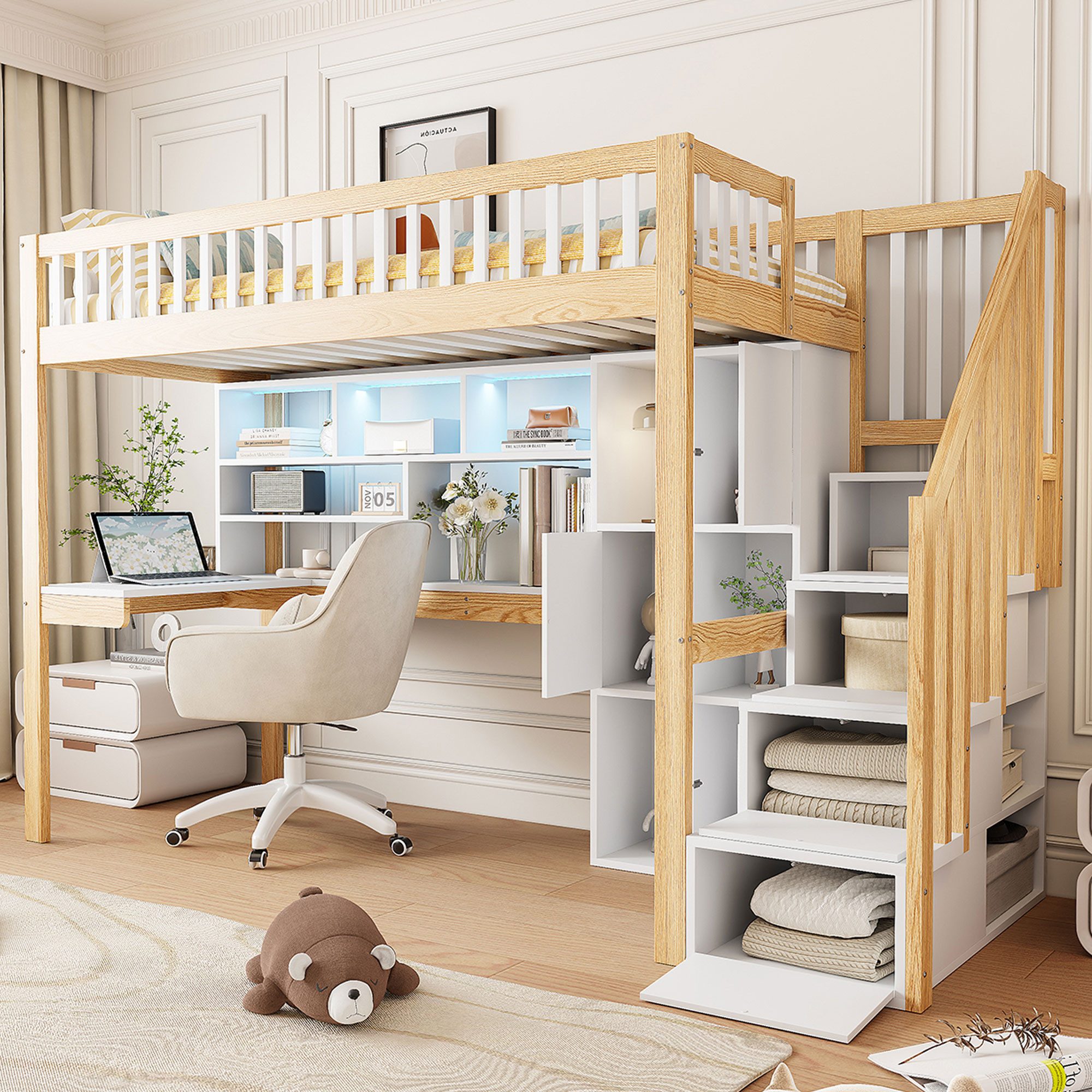 Flieks Hochbett Kinderbett 90x200cm mit Ambientelicht, Ablagefächer und Sch günstig online kaufen