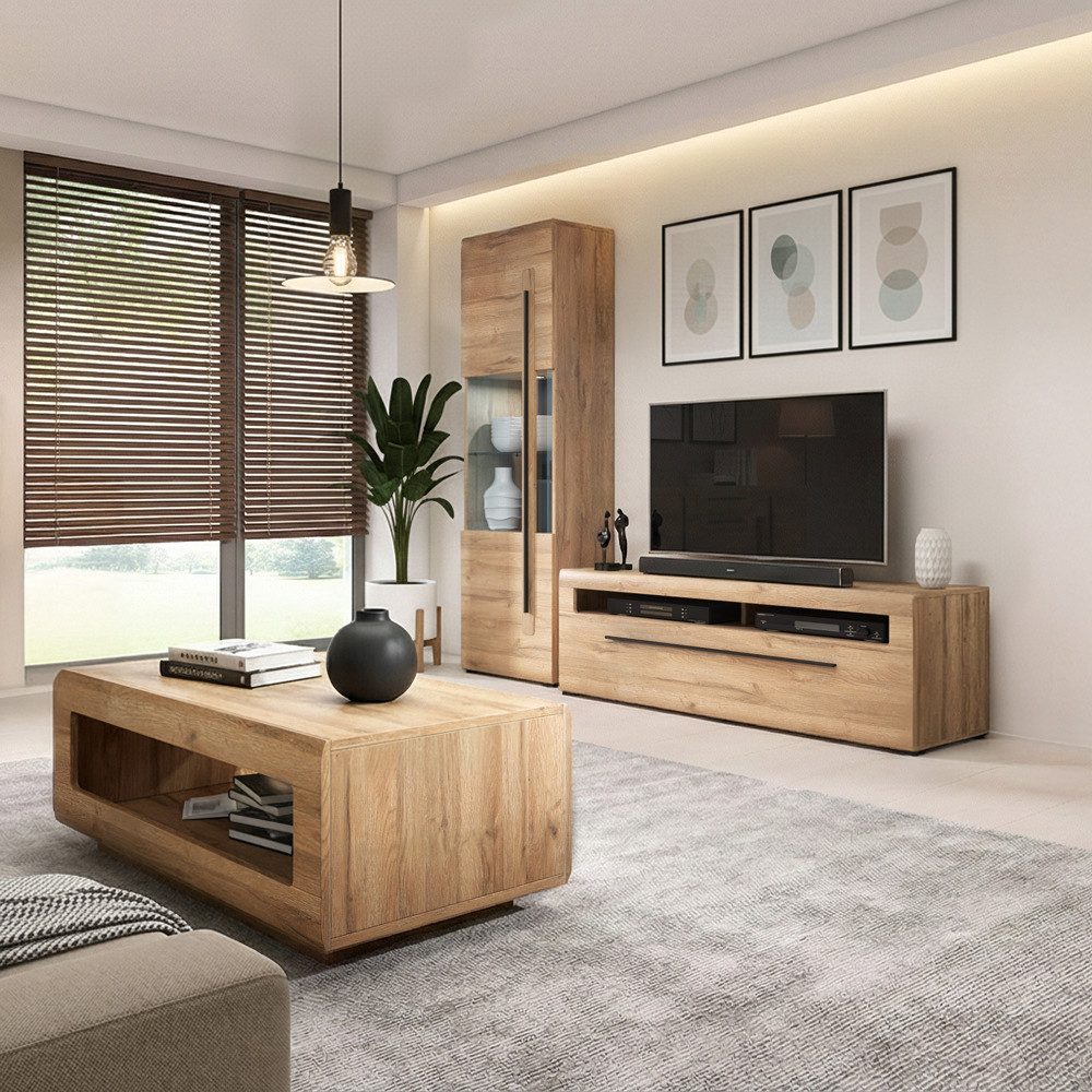 Lomadox Wohnzimmer-Set TURDA-83, (Mega-Spar-Set, 3-St., Couchtisch Lowboard Vitrine), Eiche Metallgriffe inkl. LED Beleuchtung Türen mit Softclose