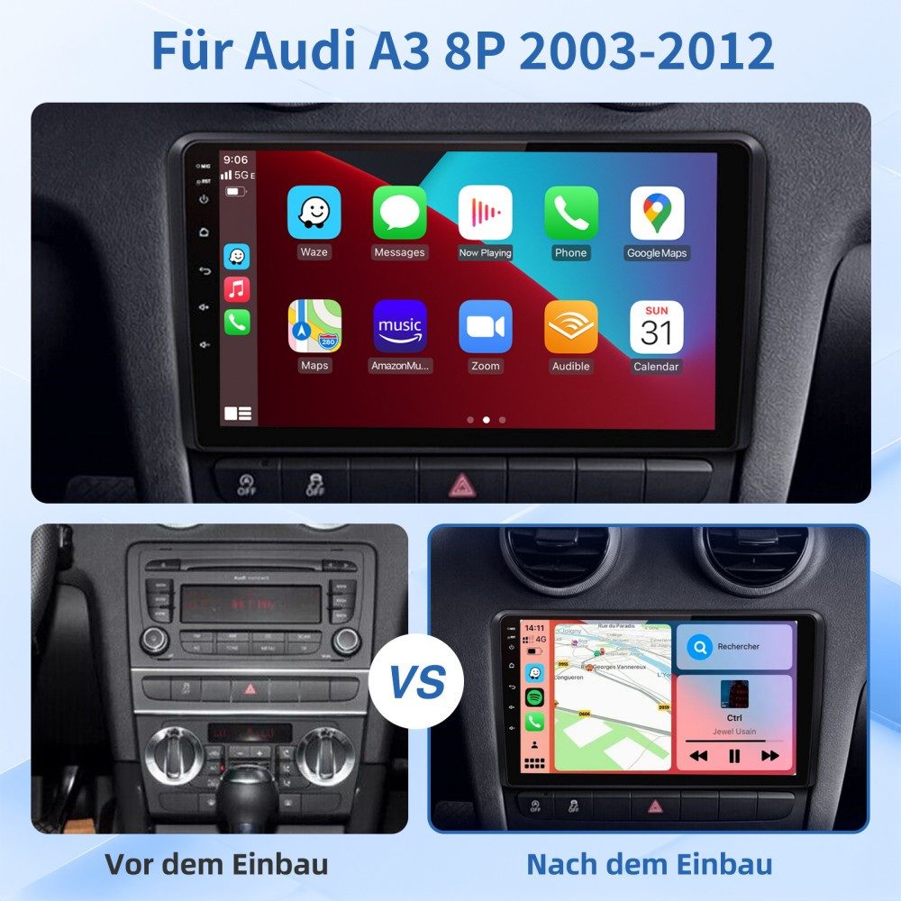 ESSGOO Für AUDI A3 8P 2003-2012 Android 15 Carplay GPS Navi Autoradio (RDS, Digitalradio (DAB), FM, AM, 2 DIN Carplay Bluetooth Navigationsgeräte Rückfahrkamera(optional)
