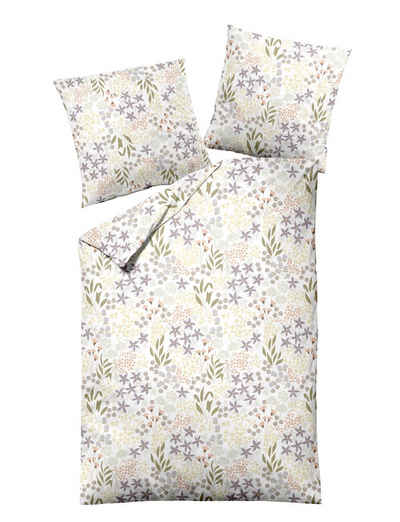 Bettwäsche Dormisette Mako Satin Bettwäsche 135x200 Blumen Blätter gelb oliv, Dormisette, Mako-Satin, 2 teilig