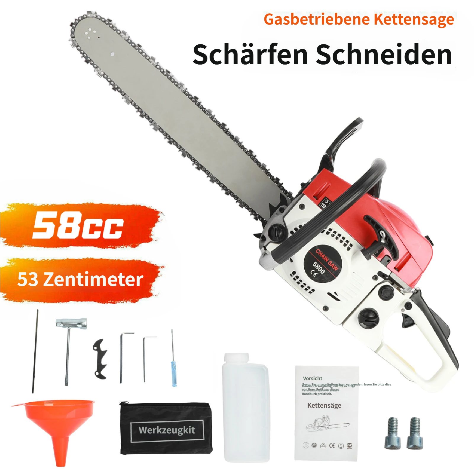 Rutaqian Benzin-Kettensäge 58cc Benzin-Kettensäge, 2100w,Maximaler Schnittdurchmesser: 55cm, 58Kubikzentimeter rostbeständige Holzkettensäge zum Schneiden von Holz