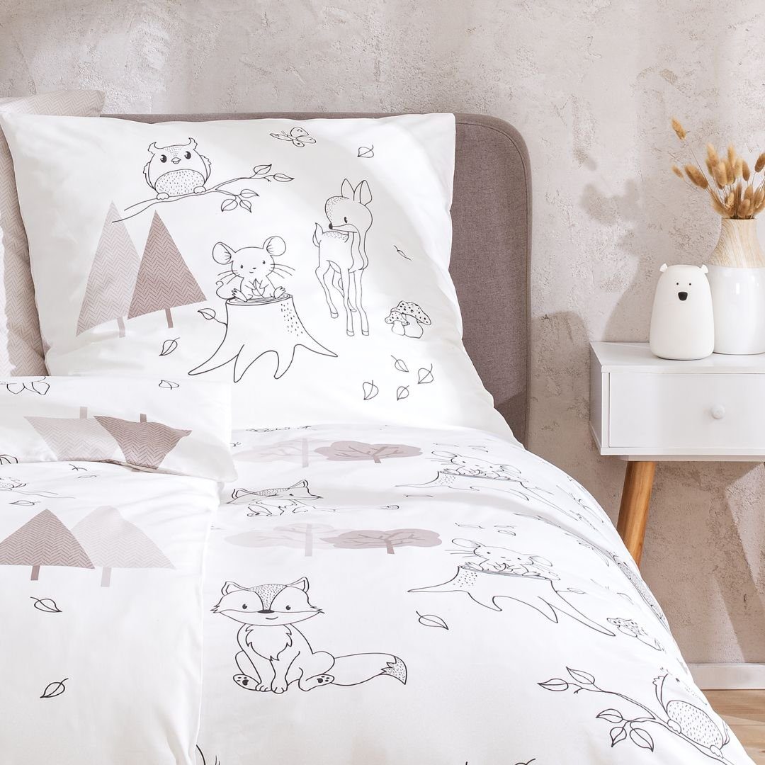 MTOnlinehandel Bettwäsche Waldtiere Eule Rehkitz Maus Fuchs 135x200 + 80x80 cm, 100 % Baumwolle, Renforcé, 2 teilig – Bild 5 von 5