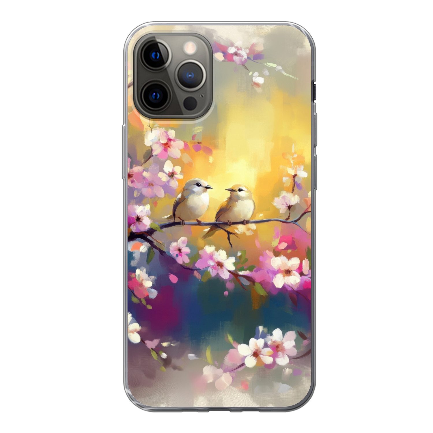 MuchoWow Handyhülle für Apple iPhone 12 Pro Vögel - Blumen - Rosa, Smartphone-Bumper, Print, Handy Schutzhülle Dünn