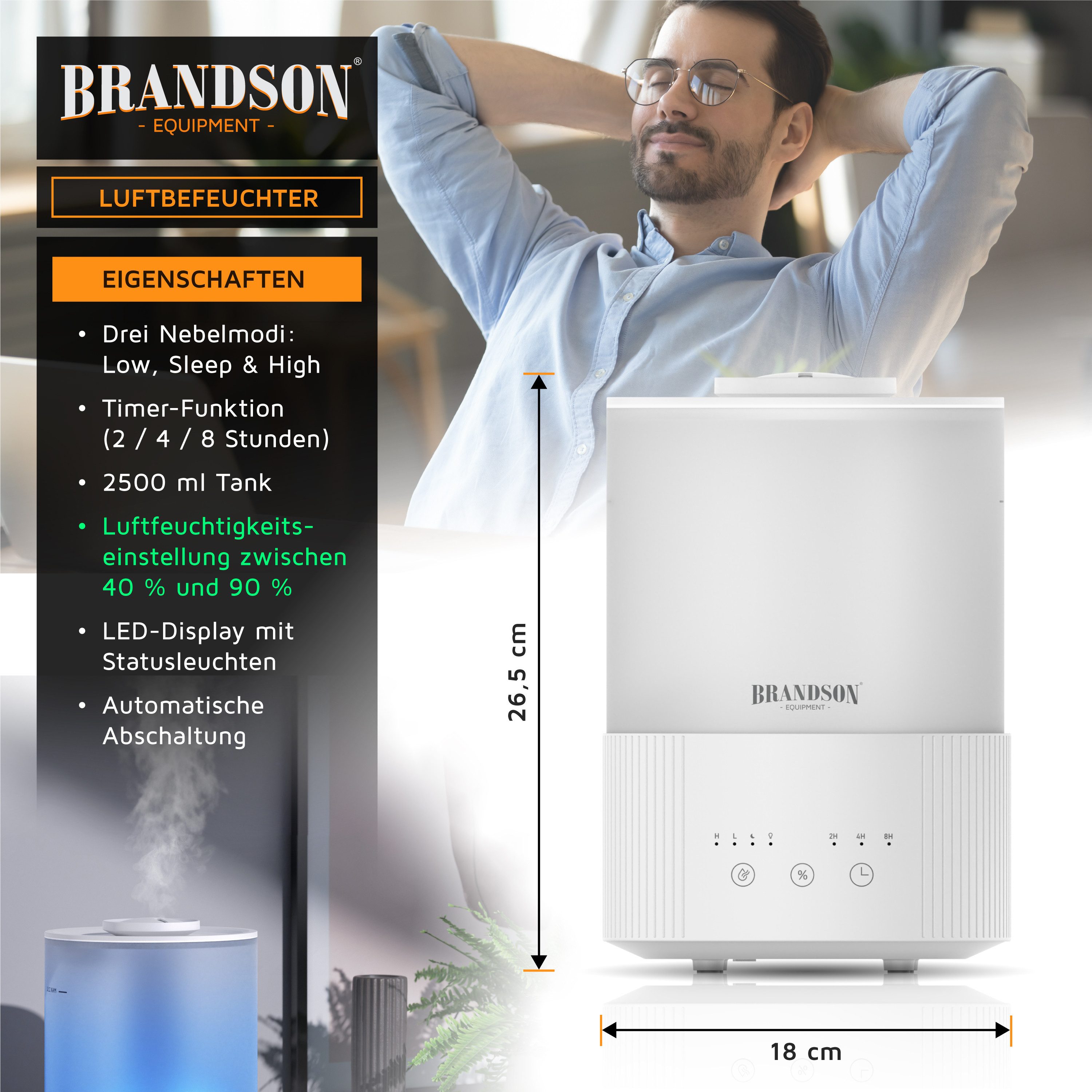 Brandson Luftbefeuchter Aroma Diffuser 2,5 L mit RGB Stimmungslicht, 2 Nebelstufen, sehr leise, 2.5 l Wassertank, Timer, Fernbedienung, für Wohnzimmer, Kinderzimmer und Schlafzimmer
