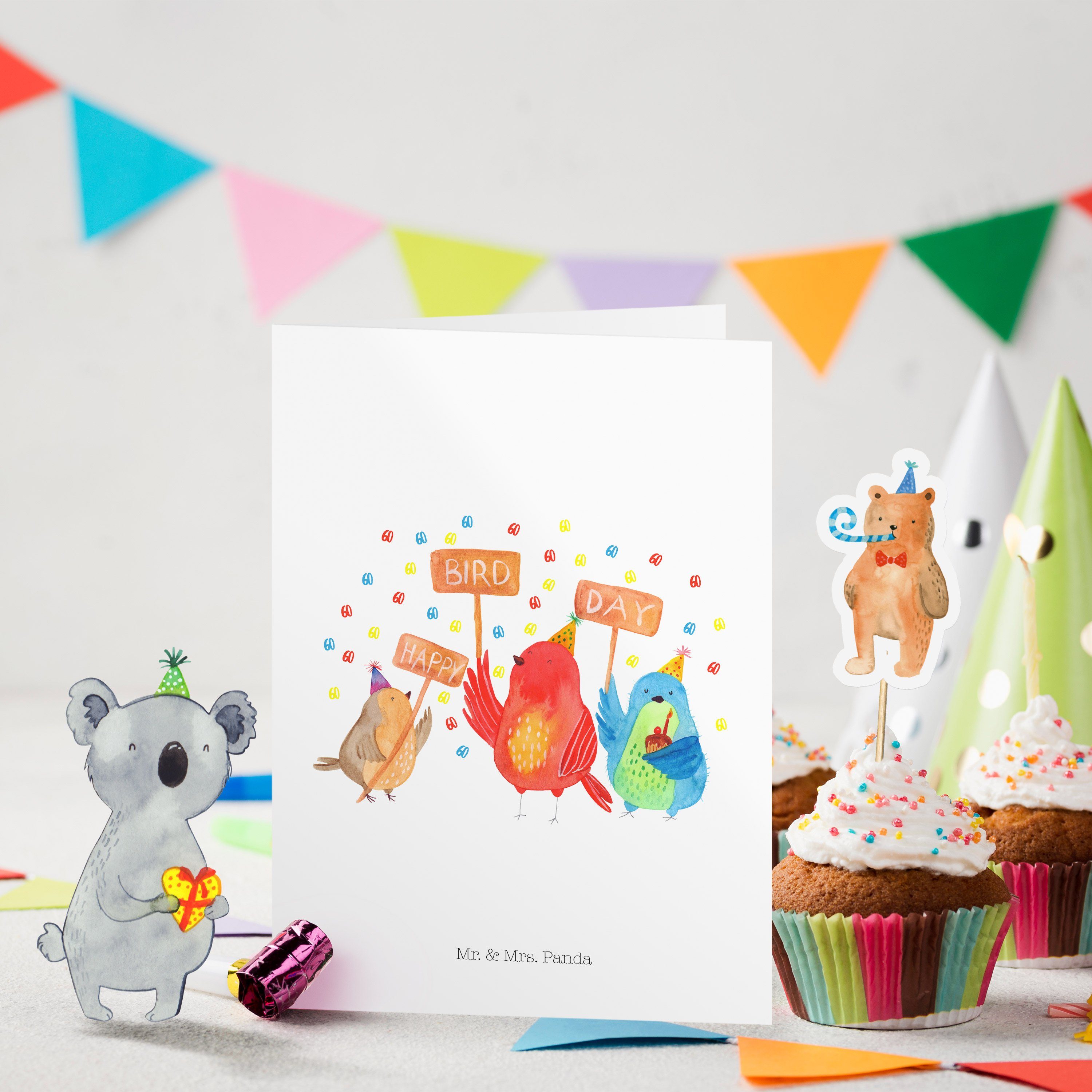 Mr. - Geburtstag Grusskarte, Weiß Panda Happy Vögel, - Day & H Bird Geschenk, 60. Geburtstagskarten Mrs.