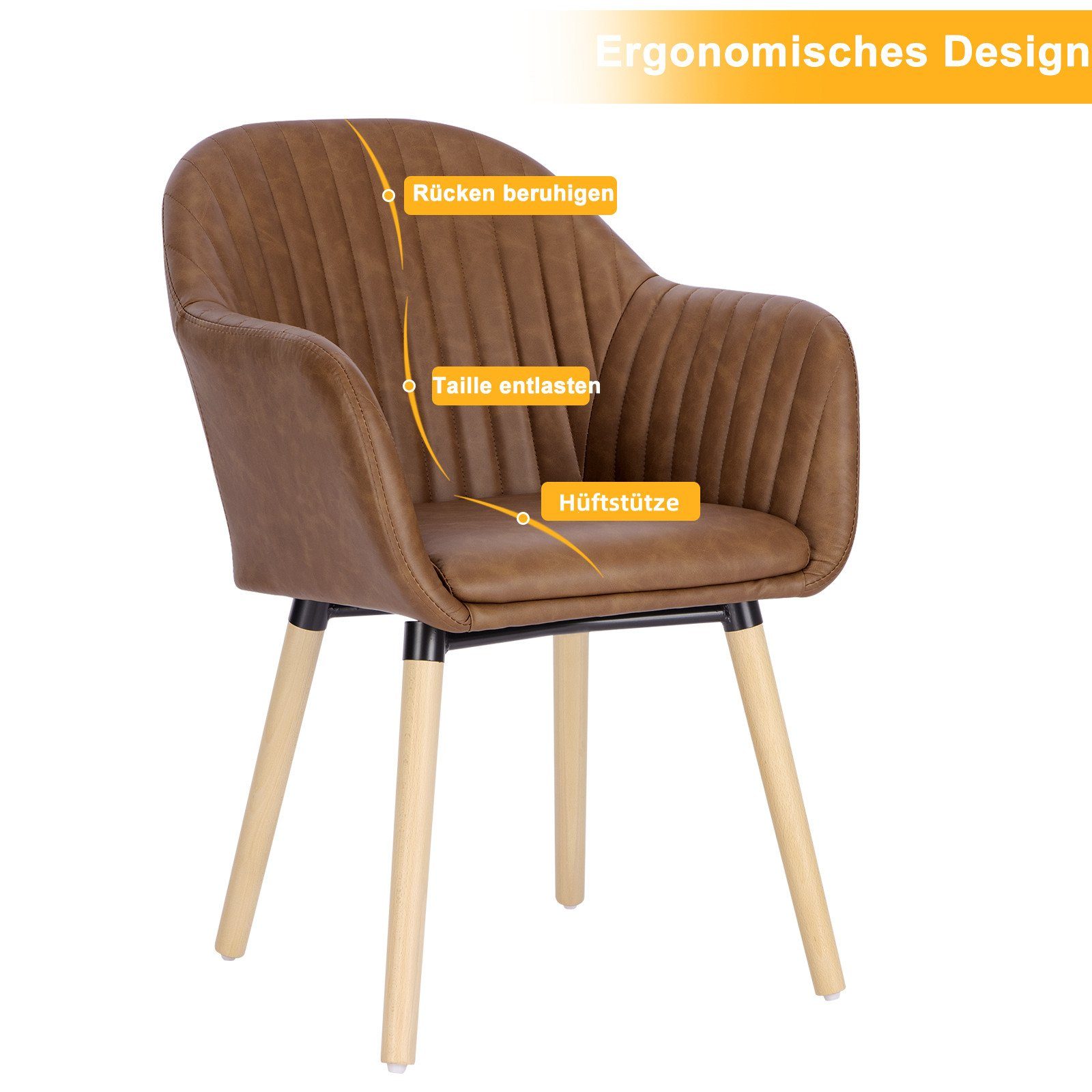 Woltu Esszimmerstuhl (2 St), Stühle Armlehne, Braun mit Massivholz Kunstleder, aus