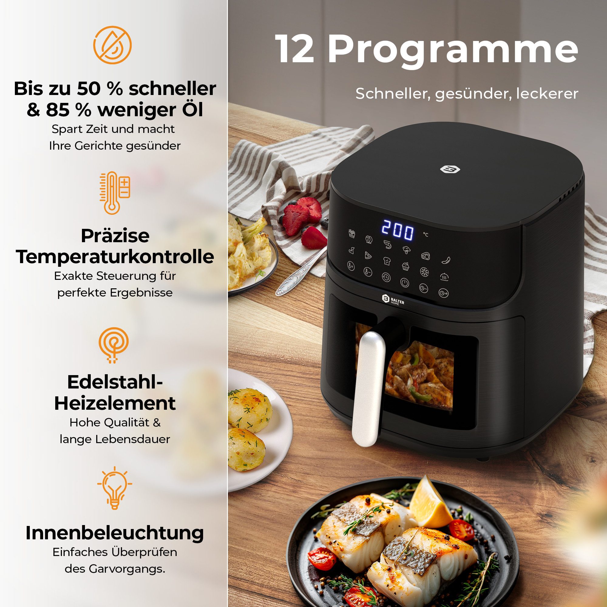 Balter Heißluftfritteuse, 1500 W, Airfryer, 5,5 L, Friteuse Heissluftfritteuse XXL mit Sichtfenster