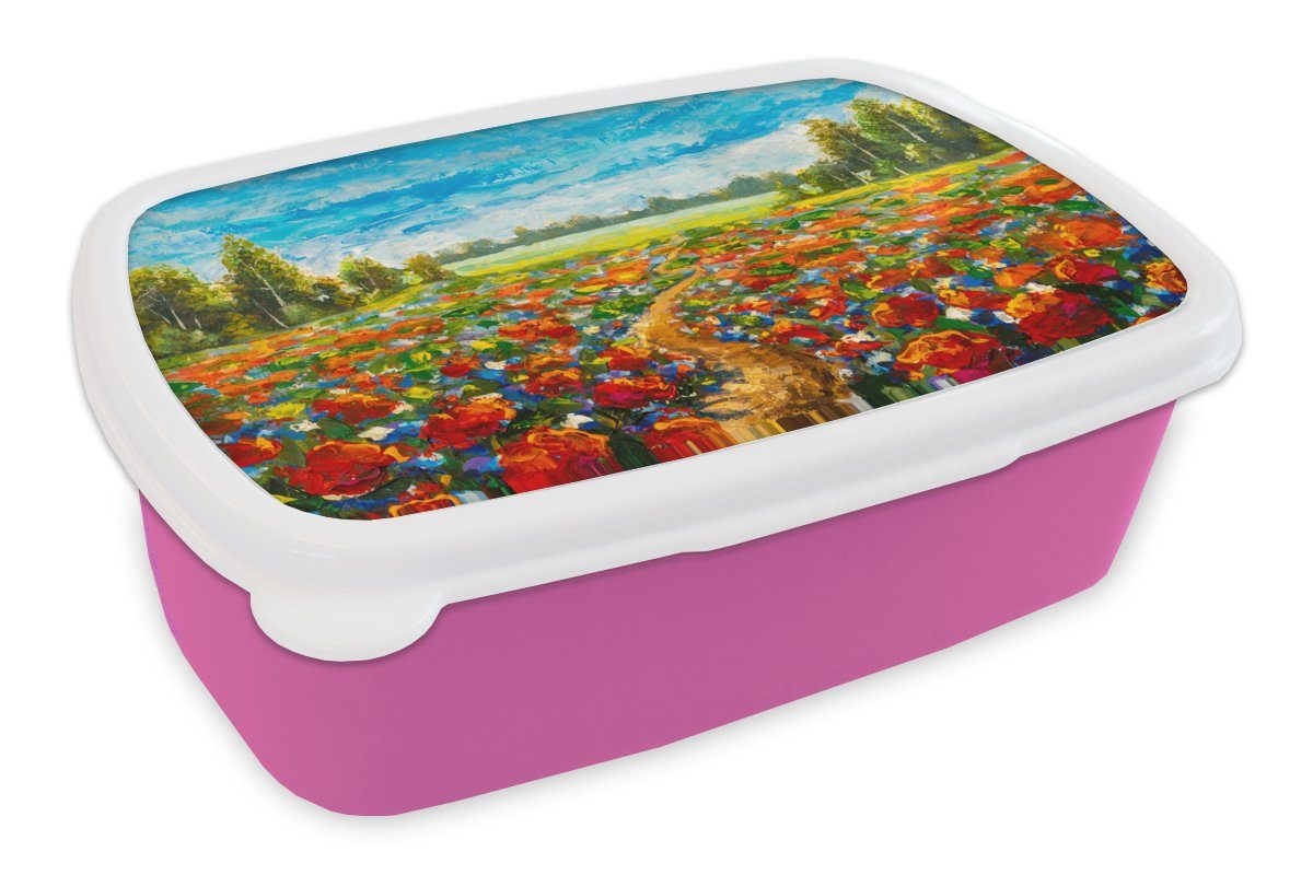 Landschaft, Kunststoff, Brotbox - Erwachsene, rosa Kunststoff Brotdose für Blumen Snackbox, - (2-tlg), Ölfarbe Lunchbox Kinder, Malerei MuchoWow - Mädchen,