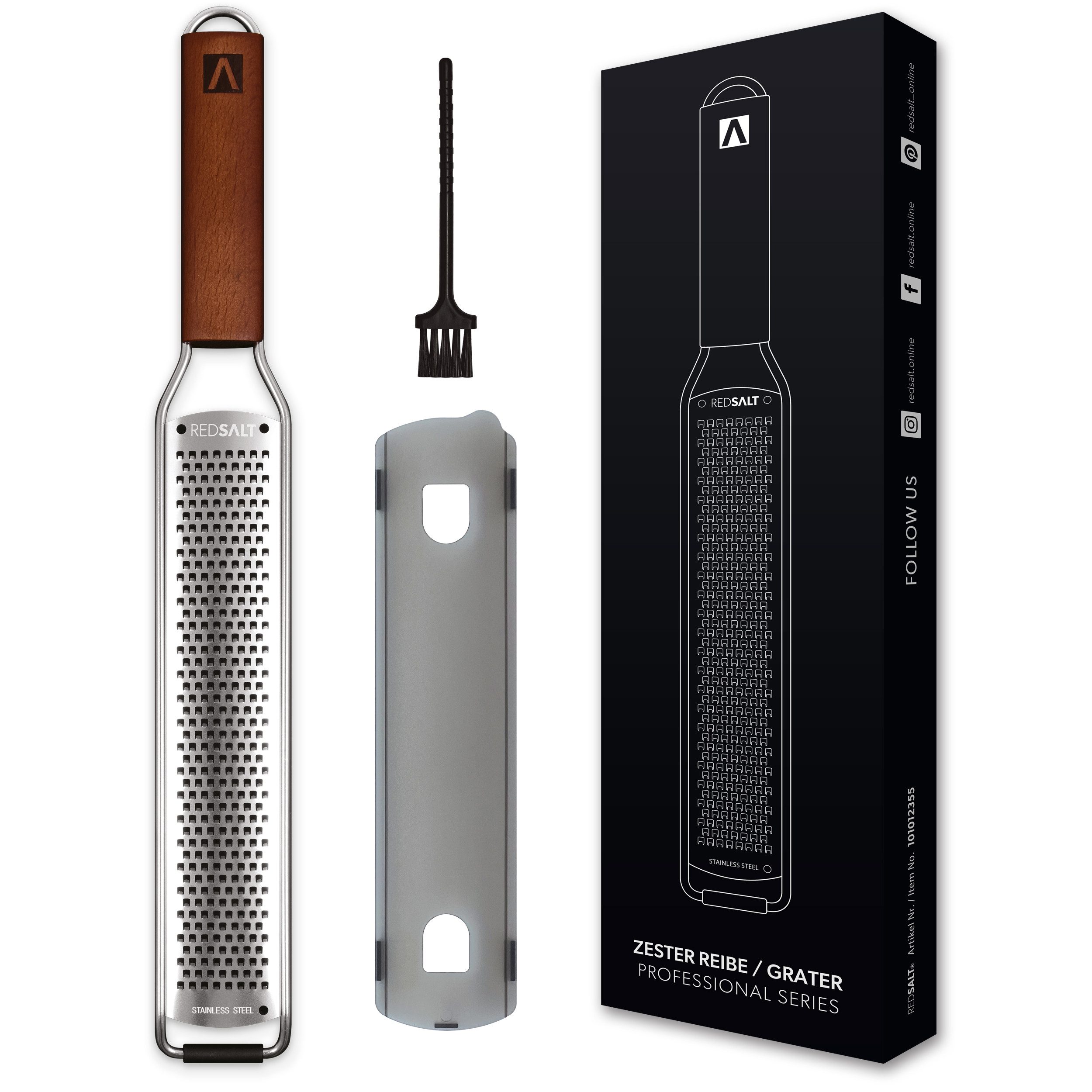 REDSALT® Küchenreibe Zester Reibe mit Holzgriff rasiermesserscharf feinen Abrieb, Zester Reibe, Feine rostfreie Edelstahl Klinge in INOX 18/10 Qualität