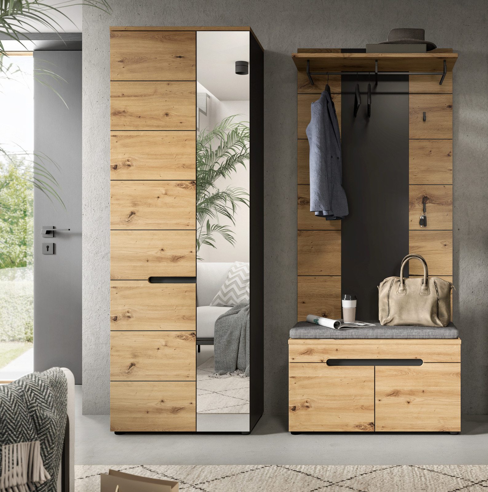 Inn.Furn Garderoben-Set Cooper, (Flurgarderobe in Eiche Artisan und Basalt grau, 3-teilig, 160 x 195 cm), mit Soft-Close-Funktion