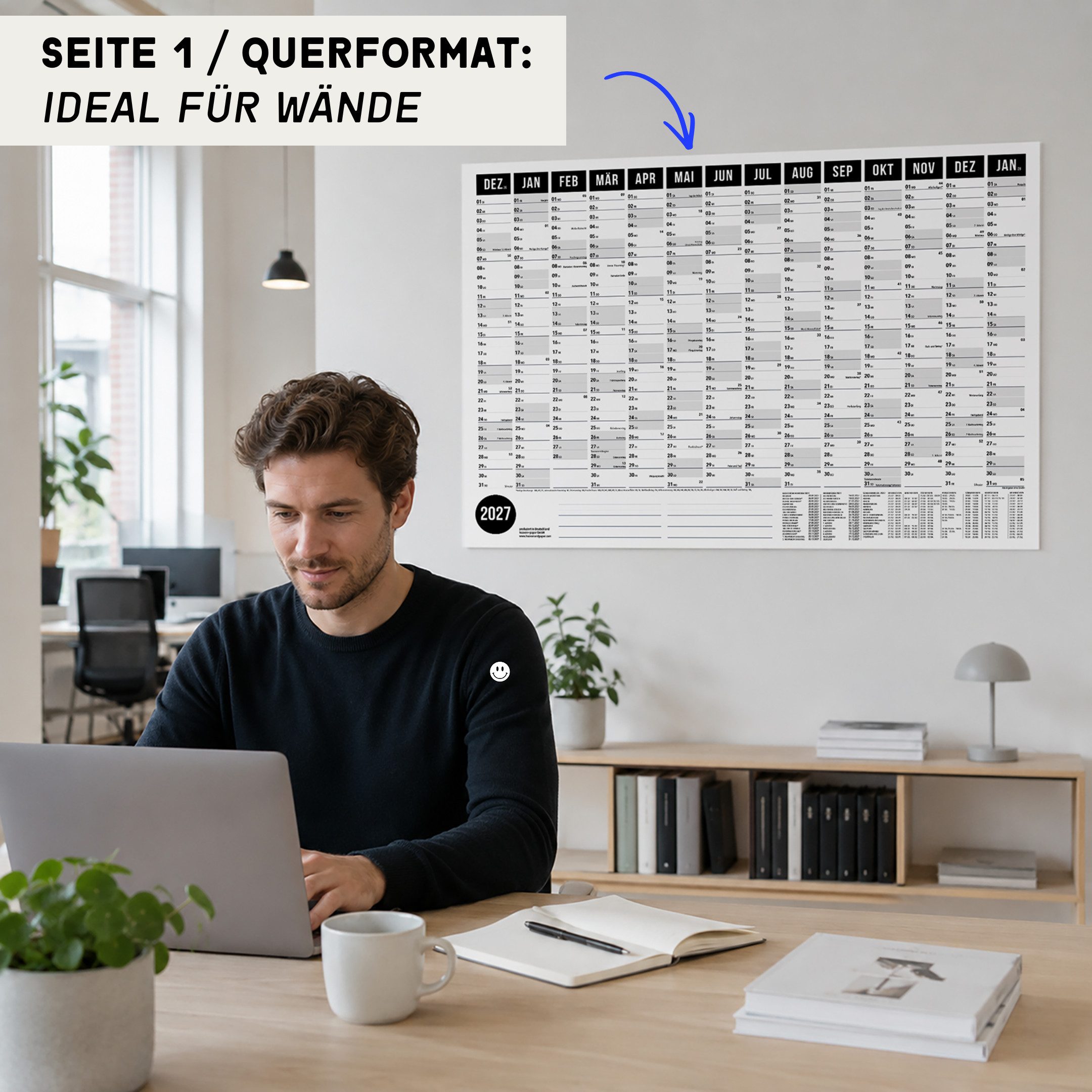 heaven+paper Jahresplaner Wandplaner 2027 Schwarz– DIN A1, beidseitig bedruckt, Hergestellt in Deutschland