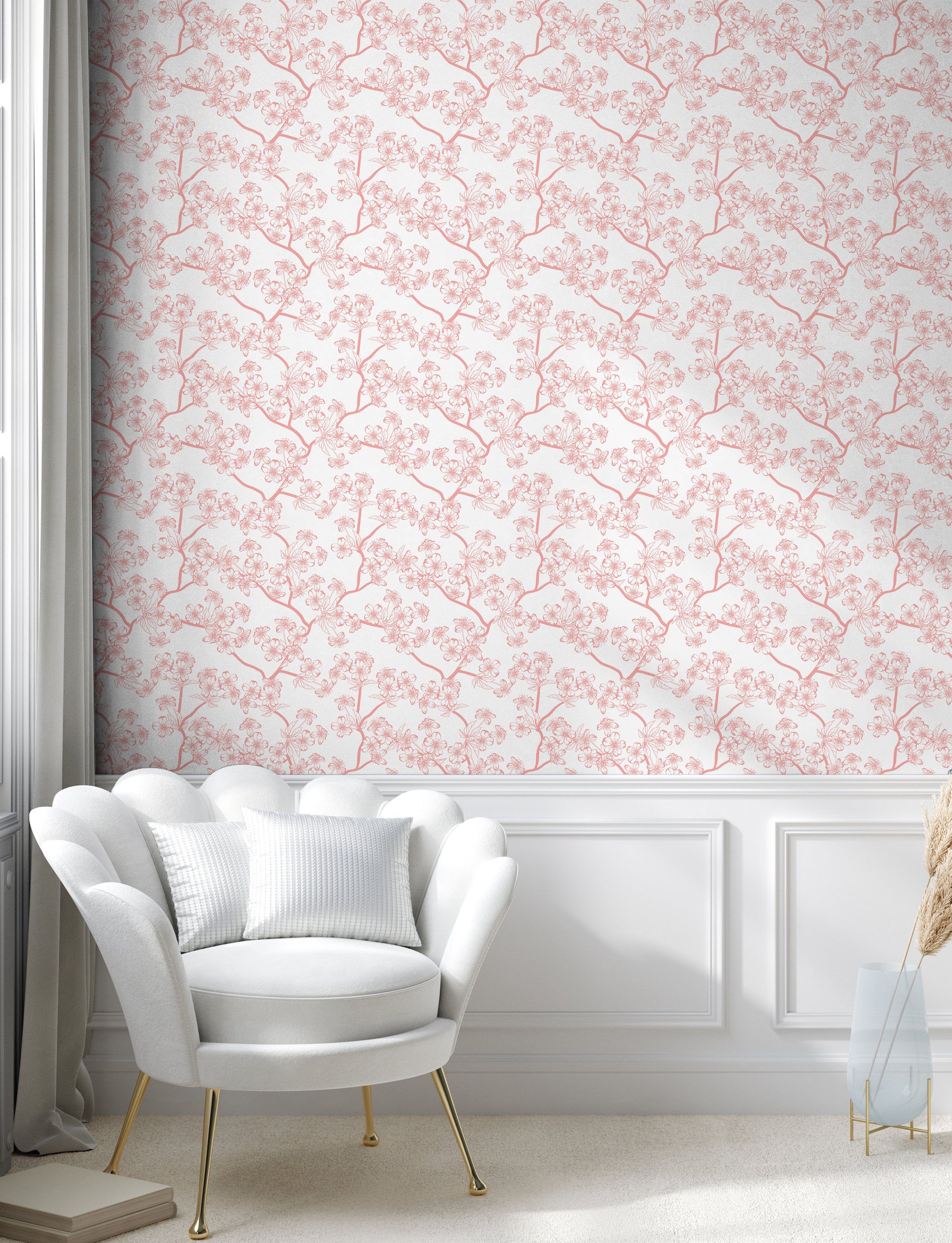 Abakuhaus Vinyltapete selbstklebendes Wohnzimmer Küchenakzent, Kirschblüte Retro Sakura Art