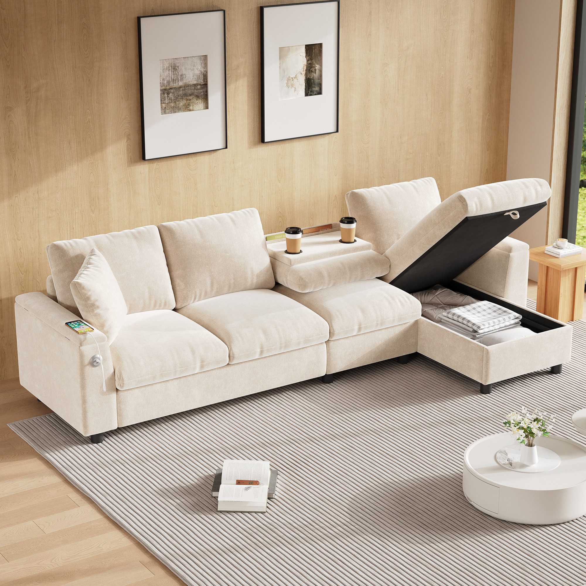 Merax Ecksofa Chenille L-Form-Sofa mit USB & Typ-C, L-Form links/rechts montierbar 1 Teile, Schlafsofa mit ausklappbarem Couchtisch & Stauraum in Armlehnen