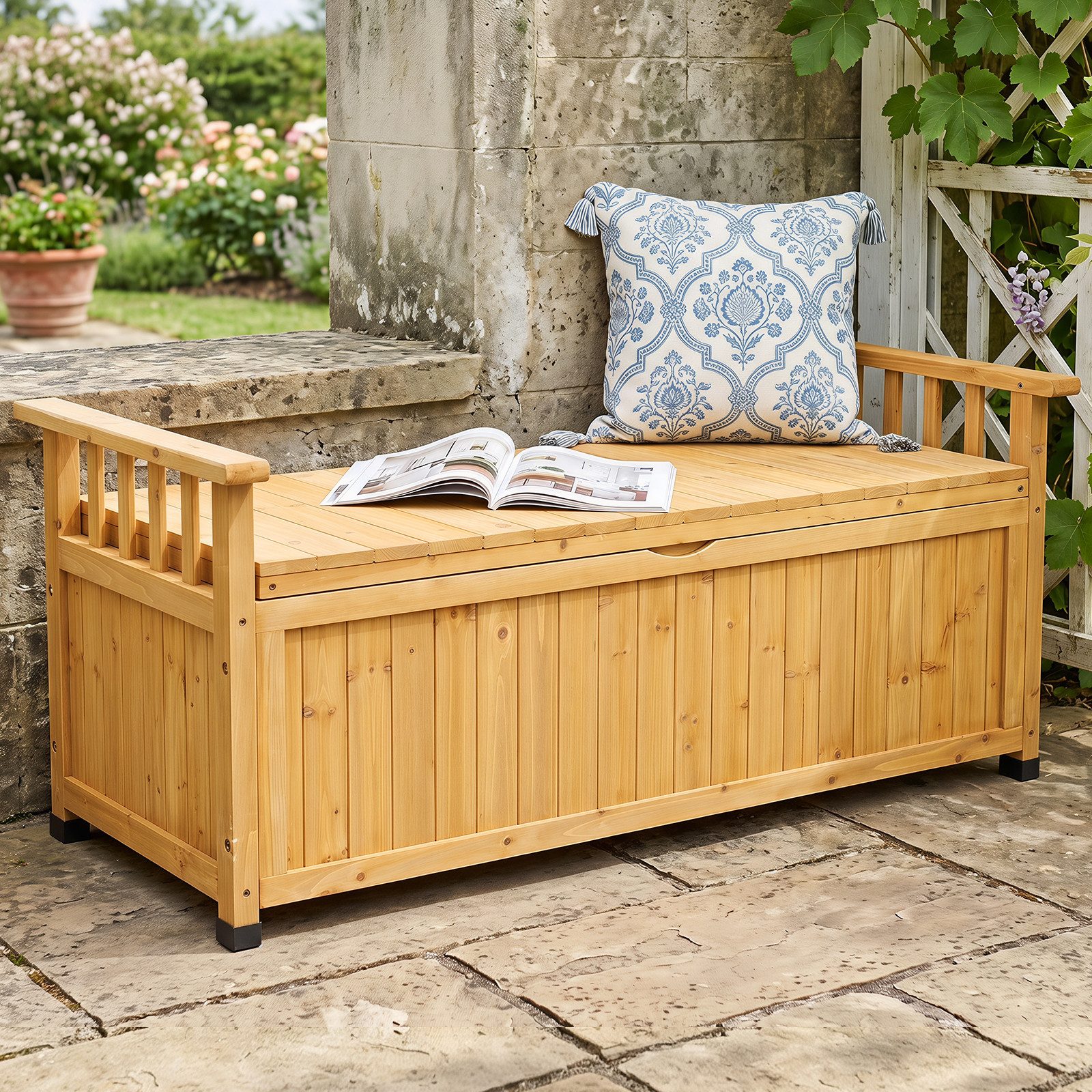 COSTWAY Auflagenbox 155L Gartentruhe mit Gasdruckfeder, Armlehnen, Gartenbank