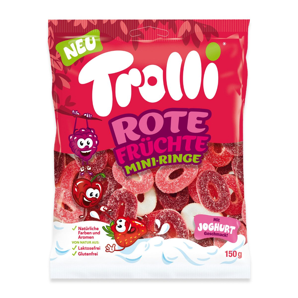 TROLLI Süßigkeit, Trolli Rote Früchte Ringe Erdbeer Himbeer und Kirsch Geschmack 150g