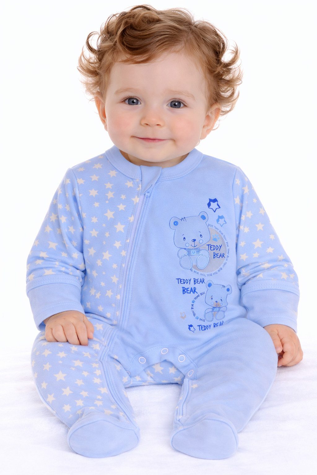 La Bortini Strampler Anzug Baby Overall Einteiler mit Kratzschutz in Blau mit Bärchen (Romper mit Füßchen. lang, für Neugeborene) aus reiner Baumwolle, 44 50 56 62 68 74 80 86 92