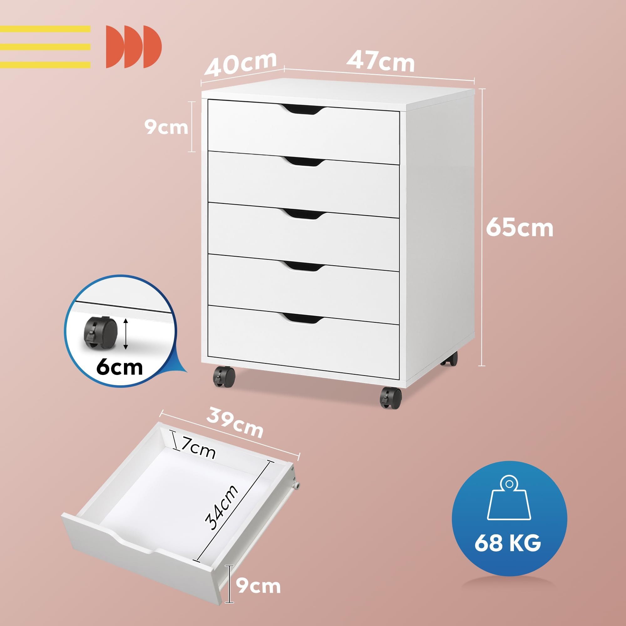 DEVAISE Rollcontainer Mobiler Aktenschrank mit 5 Schubladen & Tür, (47 x 40 x 65 cm), abschließbar, Druckerständer, für Homeoffice, Büro