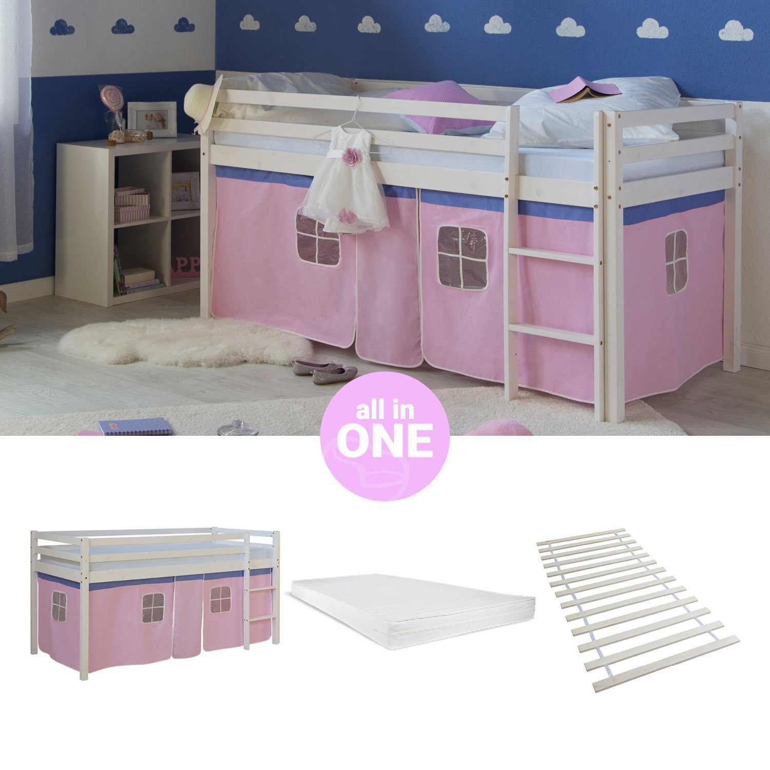 Homestyle4u Hochbett 90x200 mit Vorhang Lattenrost und Matratze in Weiß 255 günstig online kaufen