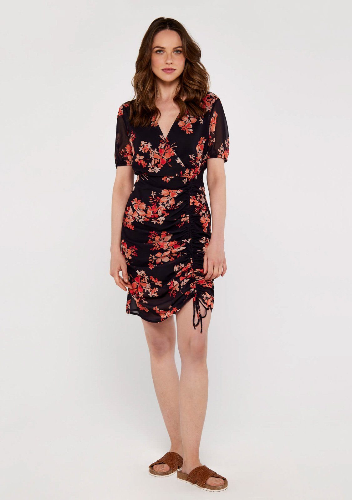 Damen Kleider Apricot Druckkleid Graphic Floral Ruch Front Dress (1-tlg) mit Blumenprint