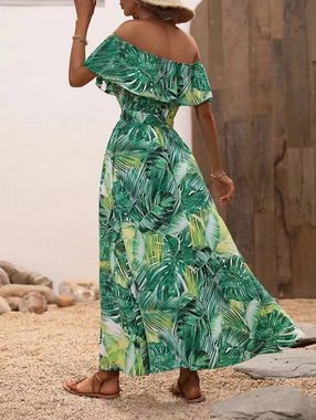 ZWY Sommerkleid Ein-Wort-Damenkleid mit Rüschen und Schnürung an der Taille (Vielseitiges bedrucktes langes Schlitzkleid für Damen) Vielseitiges Strandkleid im Bohemian-Stil