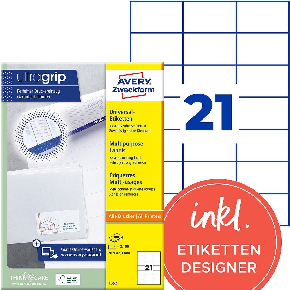 Avery Zweckform Etiketten 3652, 2100 Stück, Kennzeichnung (70 x 42,3 mm), selbstklebend