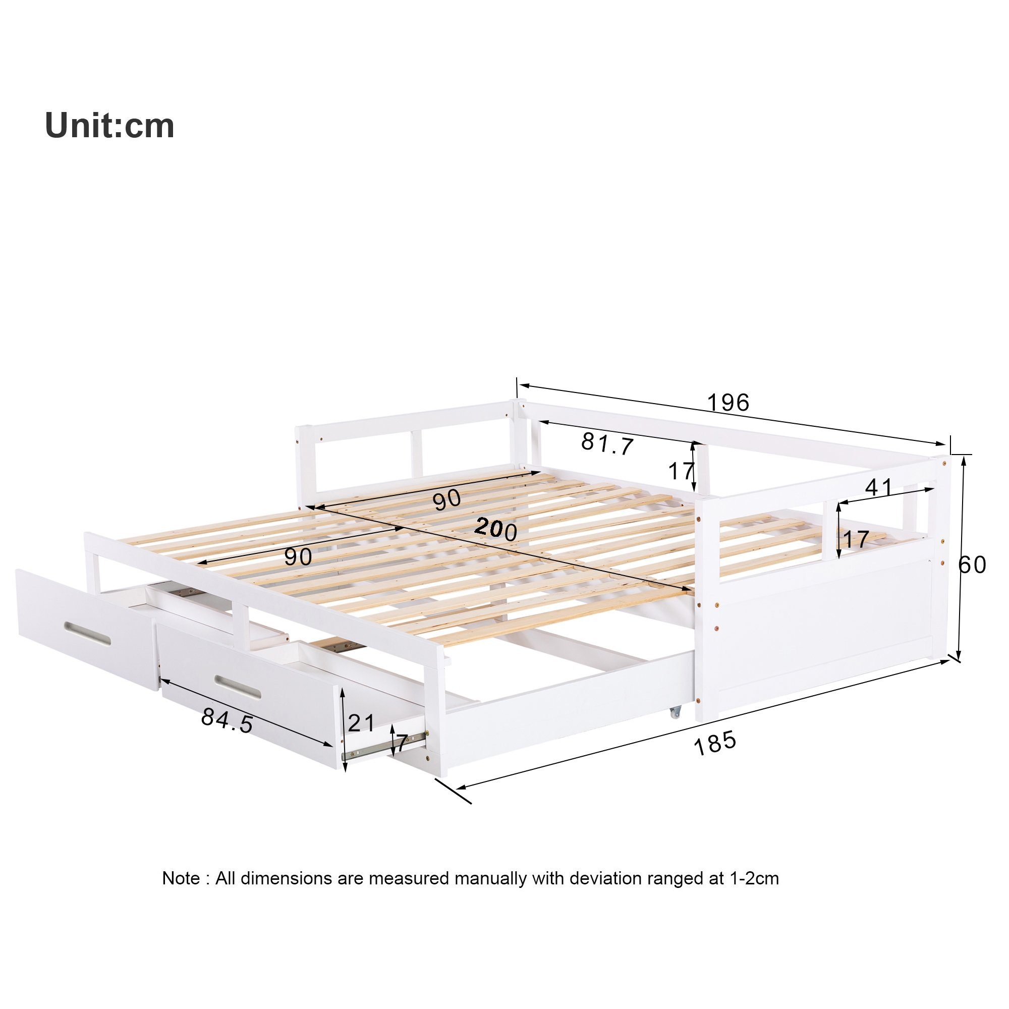 Schubladen Lattenrosten, und Relaxfunktion Schlafsofa Kiefernbett mit 1 weiß 90/180*200cm und mit Lattenrosten REDOM mit Teile, Stauraum, Schubladen 90/180*200cm mit