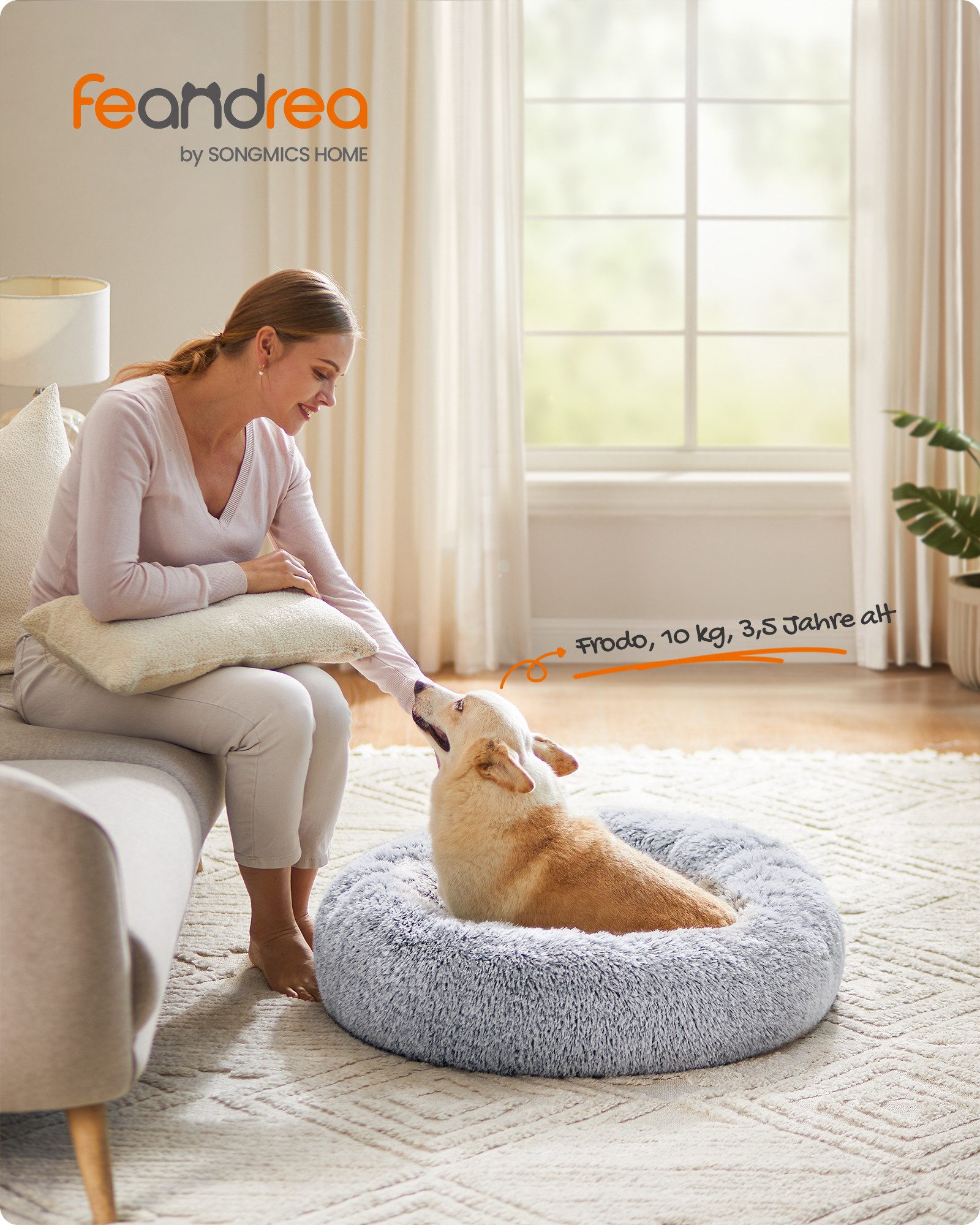 FEANDREA Hundebett flauschig, Katzenbett, Donut Kissen, waschbar, Polsterung in der Mitte herausnehmbar, 80 cm Durchmesser