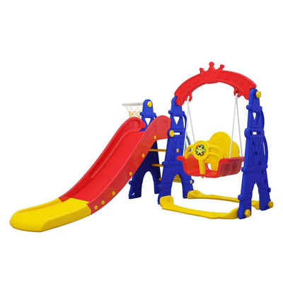 Sweety-Toys Rutsche Sweety Toys 12718 Schaukel und Rutsche Spielset 3-in 1 Produkt rot/gelb/blau mit Basketballkorb im Eifelturmdesign