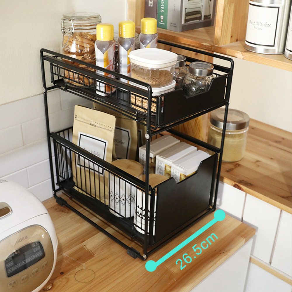 JEOBEST Küchenregal Schubladenregal mit 2 Körben Waschbecken Regal Unterschrank Organizer, Küchenregal zum Rausziehen, Gewürzregal