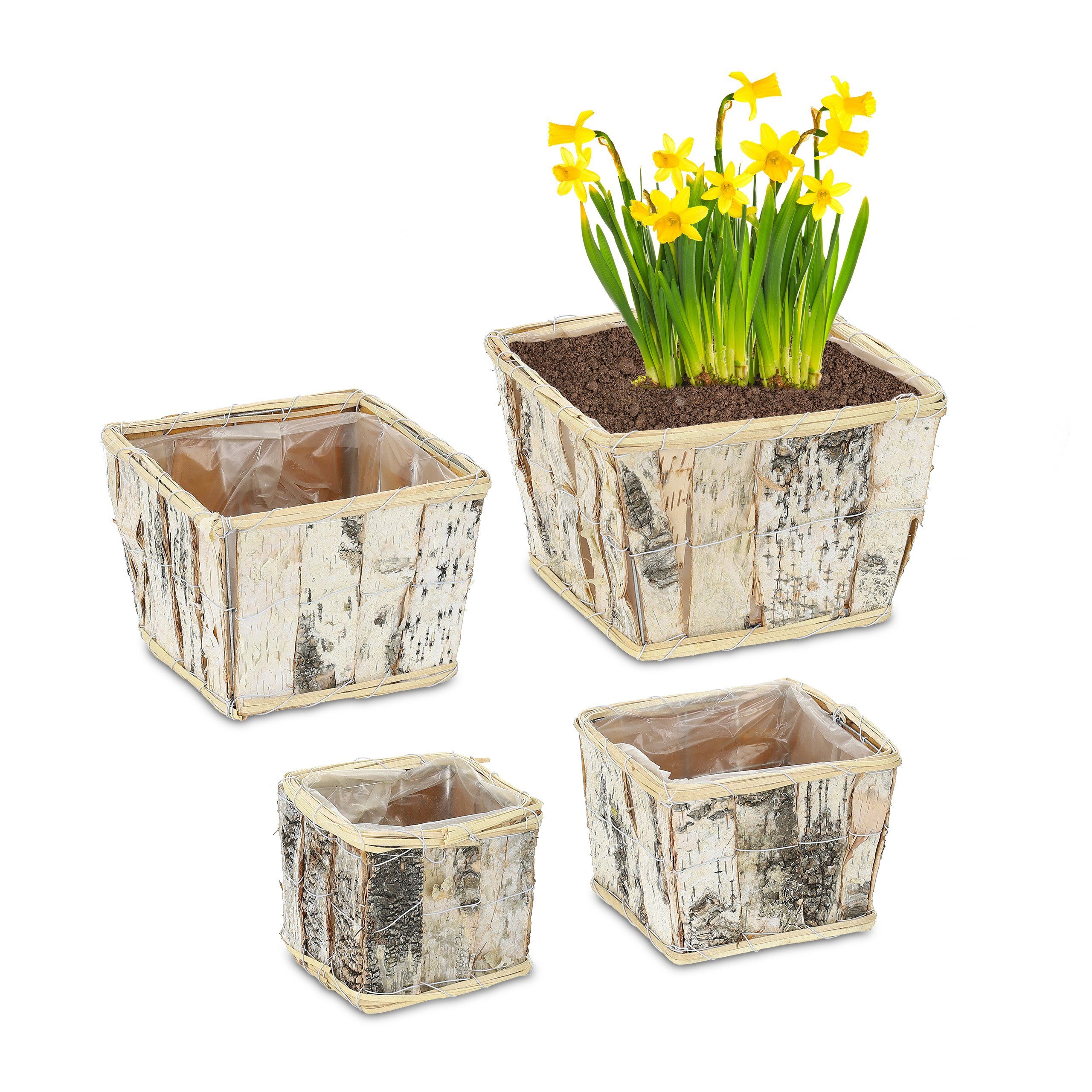 relaxdays Blumentopf Eckiger Blumentopf Birke im 4er Set