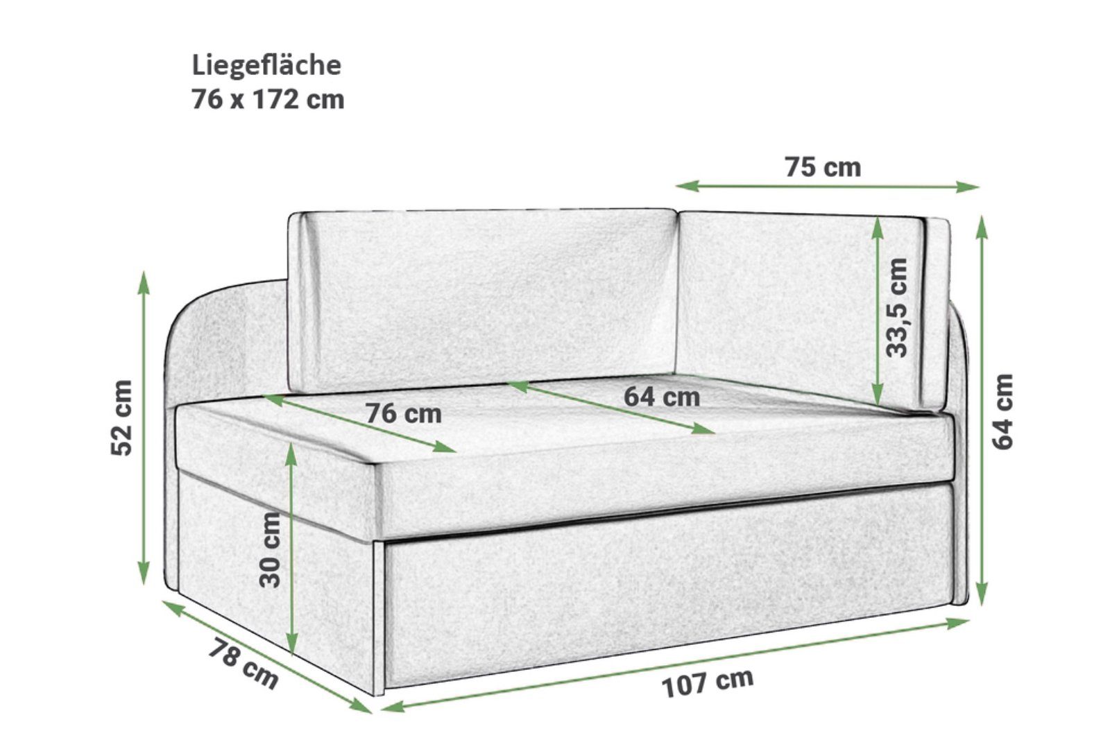 Ball Schlaffunktion mit + Bettkasten 75cm Kindersofa Beautysofa Kinderbett SOFI Kinderbett Schwarz Sofa