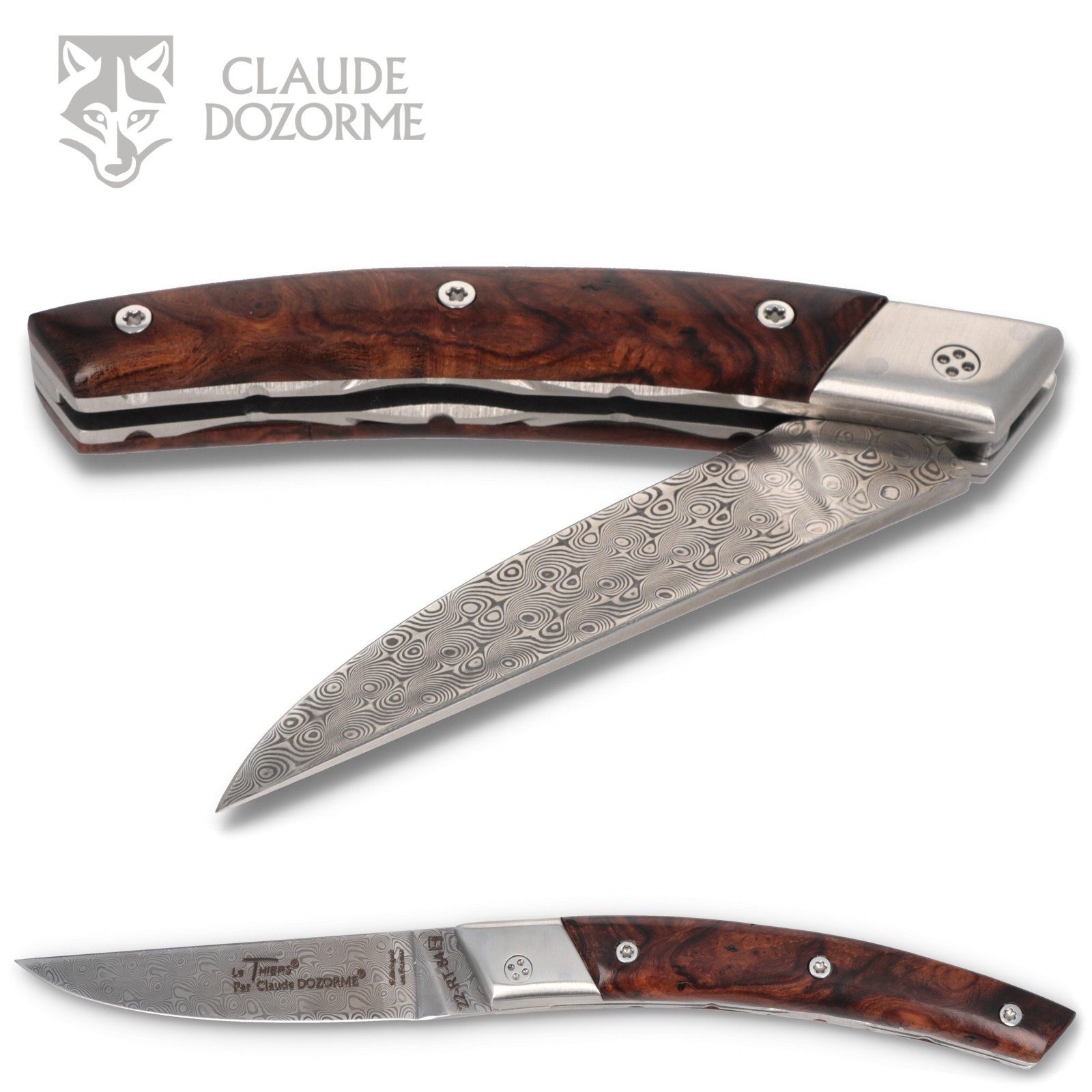 Claude Dozorme Taschenmesser 5.90.320.BFD, Le Thiers RLT - Griff 12cm Eisenholz - Damastklinge - Platine verziert