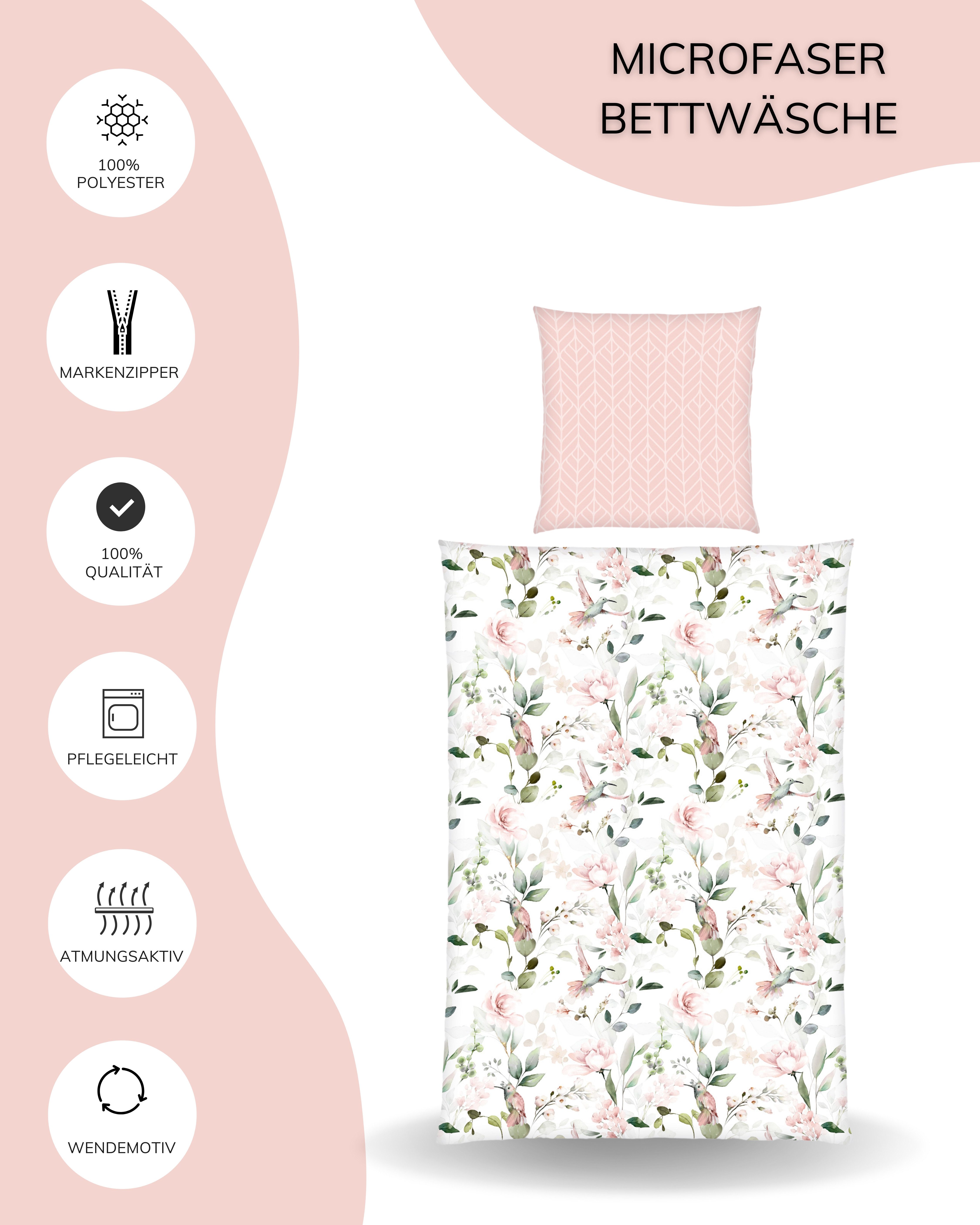 MTOnlinehandel Wendebettwäsche Kolibri & Blumen- Rosa, Microfaser, 2 teilig, Weich, pflegeleicht & ideal für den Frühling – Bild 5 von 5