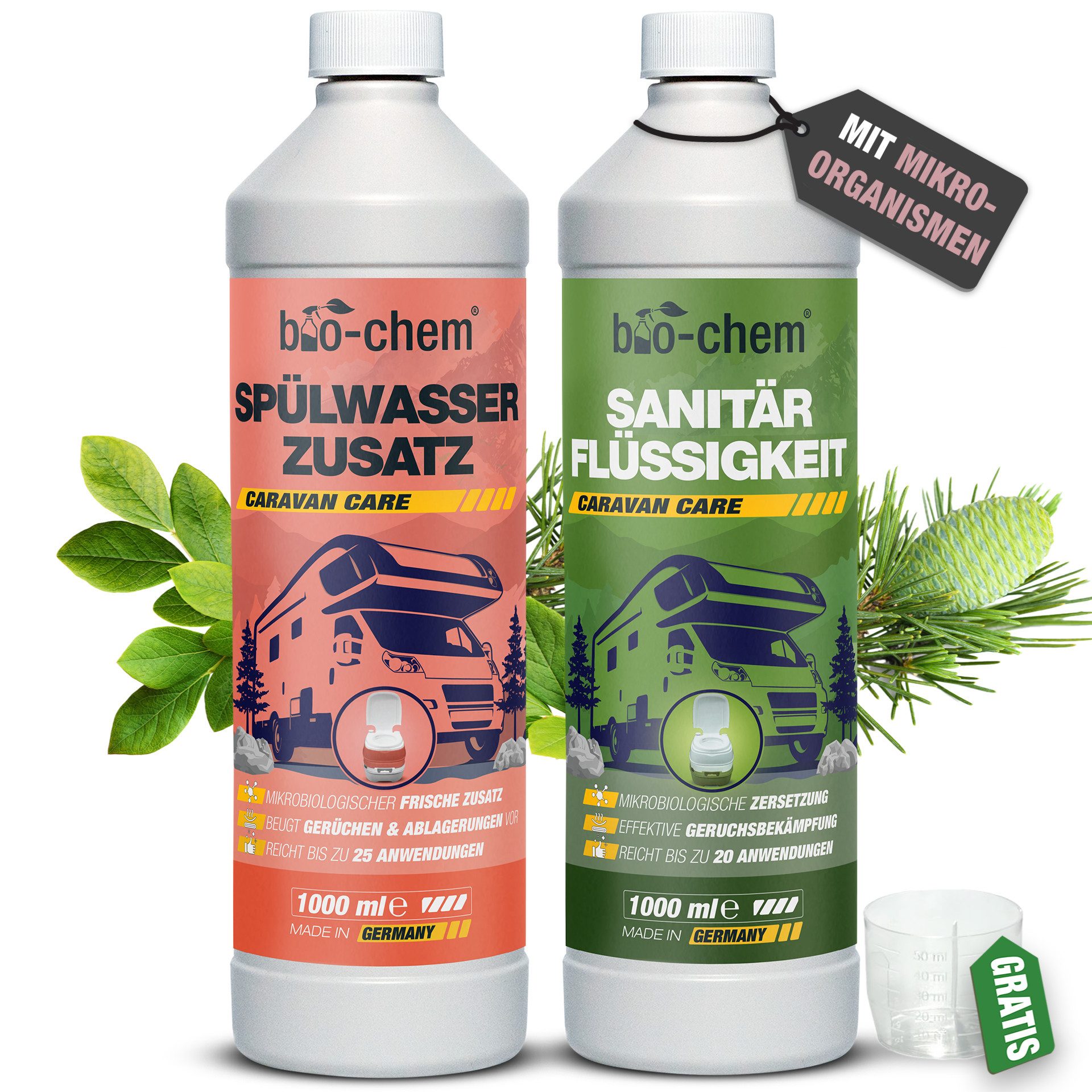 bio-chem bio-chem Sanitärzusatz-Set für Campingtoiletten, 2x1L inkl. Messbecher Campingtoilettenreiniger (1x 1 Liter Sanitärflüssigkeit, 1x 1 Liter Spülwasser-Zusatz)