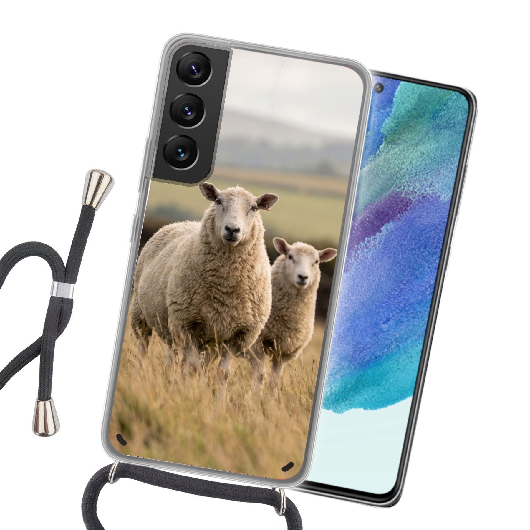 MuchoWow Handyhülle für Samsung Galaxy S22 Schafe - Weidelandschaft - Hügel, Tragbare Handyhüllen mit Kette zum umhängen, Handykette Handyband