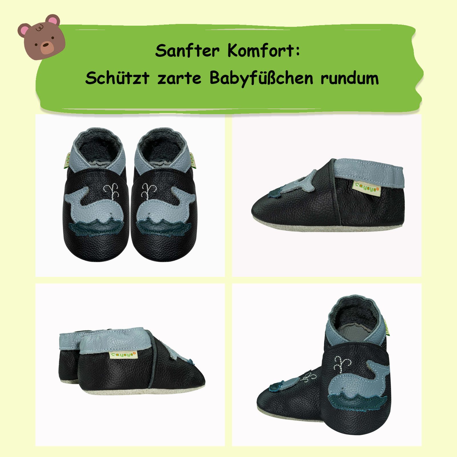 Sayoyo Weiche Leder Krabbelschuhe Lauflernschuhe Hausschuhe Lederpuschen Haie Lauflernschuh (100% Leder)