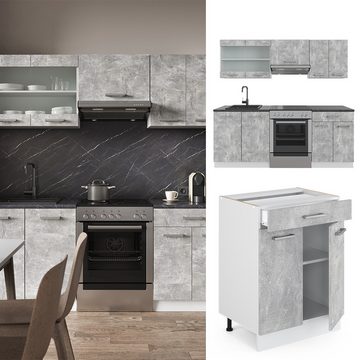 Livinity® Küchenzeile R-Line, Beton/Weiß, 200 cm, AP Eiche