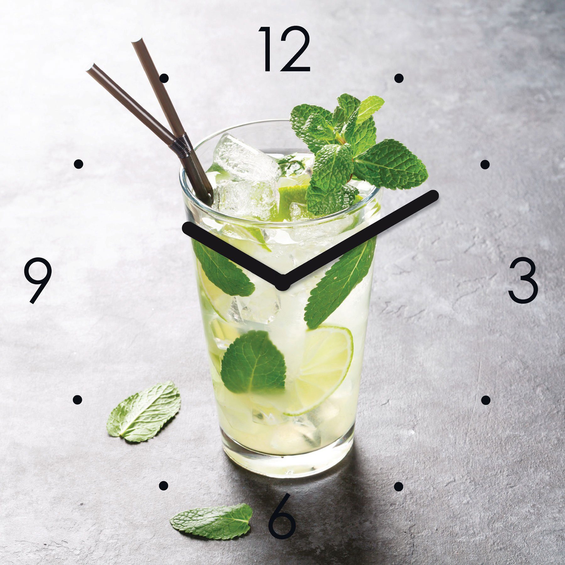 30x30cm Küche Glas Glasbild Limette Cocktail Wanduhr Bar) Levandeo® Glasuhr Uhr (Wanduhr