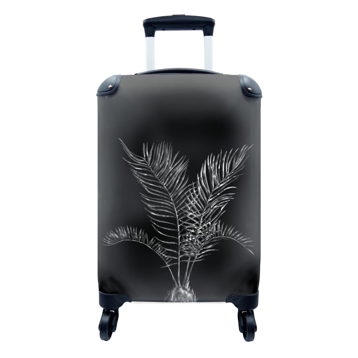 MuchoWow Handgepäckkoffer Blätter einer Palme auf schwarzem Hintergrund - schwarz und weiß, 4 Rollen, Reisetasche mit rollen, Handgepäck für Ferien, Trolley, Reisekoffer