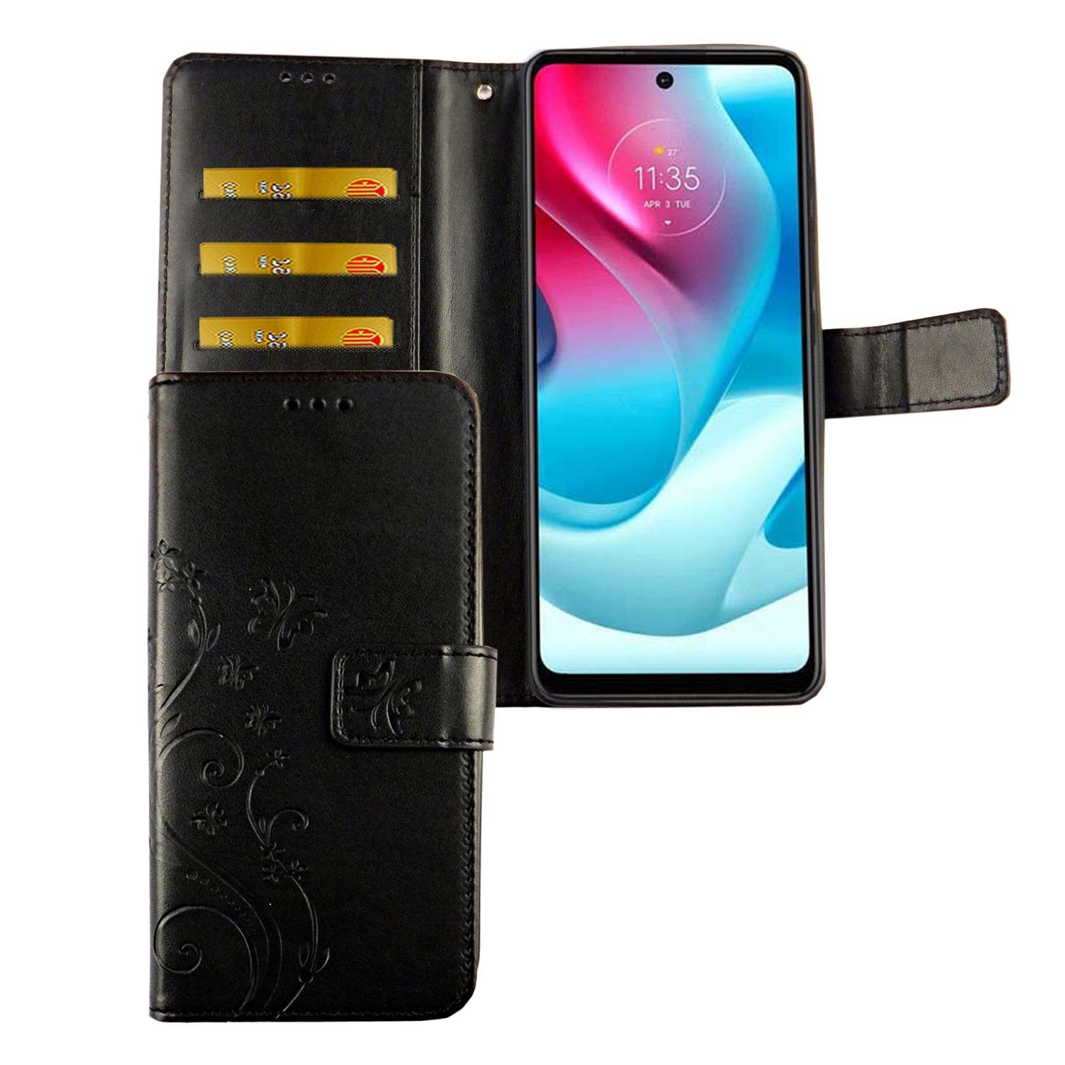 König Design Handyhülle Motorola Moto G60S, Schutzhülle für Motorola Moto G60S Tasche Handy Hülle Schutz-Cover Flip-Case mit Kartenfach Blumen Schwarz