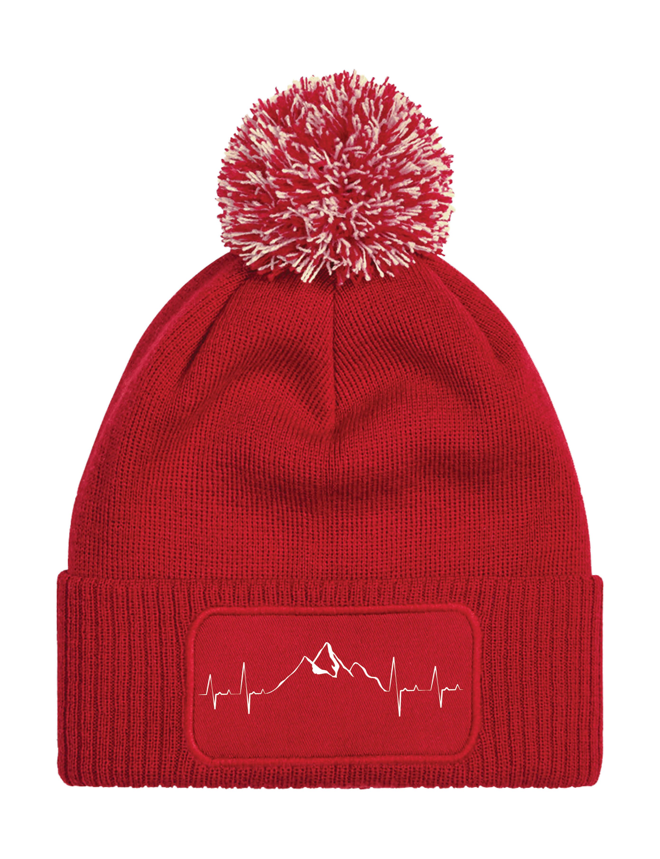 Beanie Unisex Strick Bommel Beanie Mütze mit Heartbeat Mountain Aufdruck